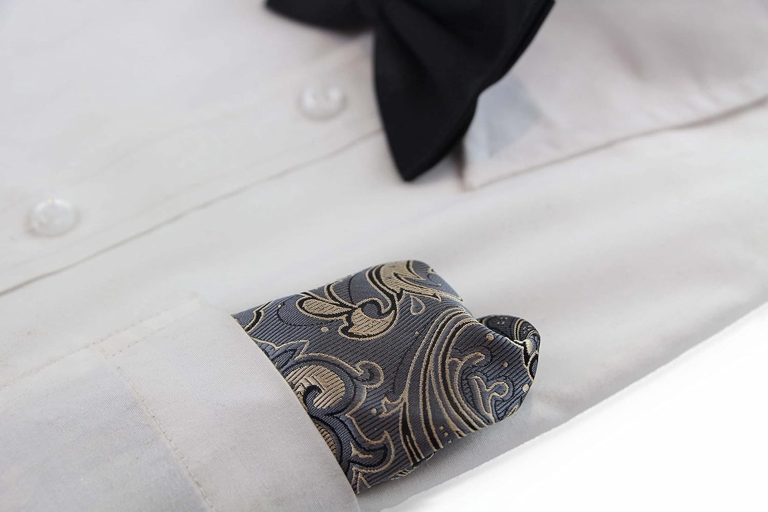 Mens Cream & Silver Boho Paisley Silk Pocket Square Dark Grey, Silver, Black, Cream image number 2