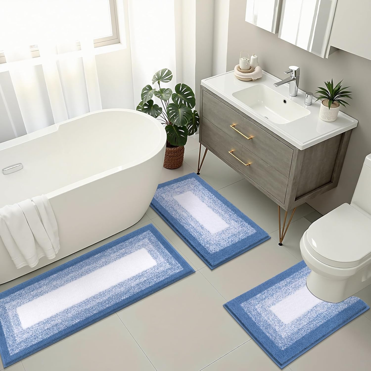 Bsmathom Bathroom Rug Set 3 Piece, Non-Slip Plush Shaggy Bath Mat, Soft and Absorbent Microfiber Bath Rugs for Bathroom, Tub and Shower Machine Washable,Blue