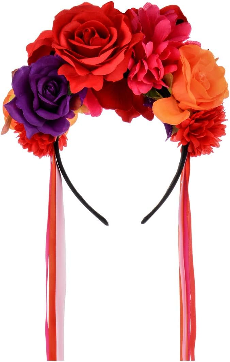 Day of the Dead Flower Crown Festival Headband Rose Mexican Floral Headpiece HC-23 - A-Rainbow Headband image number 6