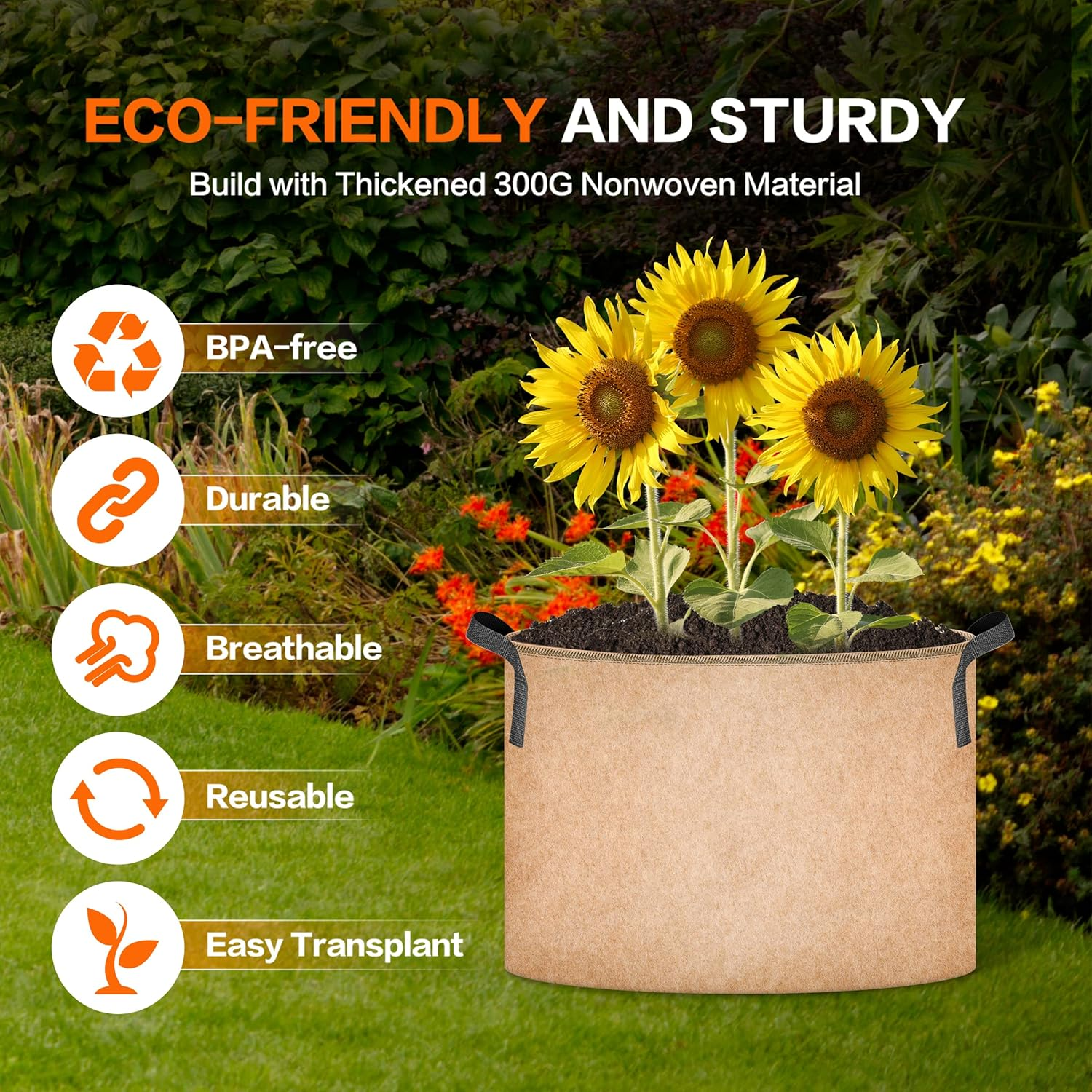 Ipower Plant Grow Bag 15 Gallon 6-Pack Heavy Duty Fabric Pots, 300G Thick Nonwoven Fabric Containers Aeration with Nylon Handles, for Planting Vegetables, Fruits, Flowers, Tan 2022 Version image number 2