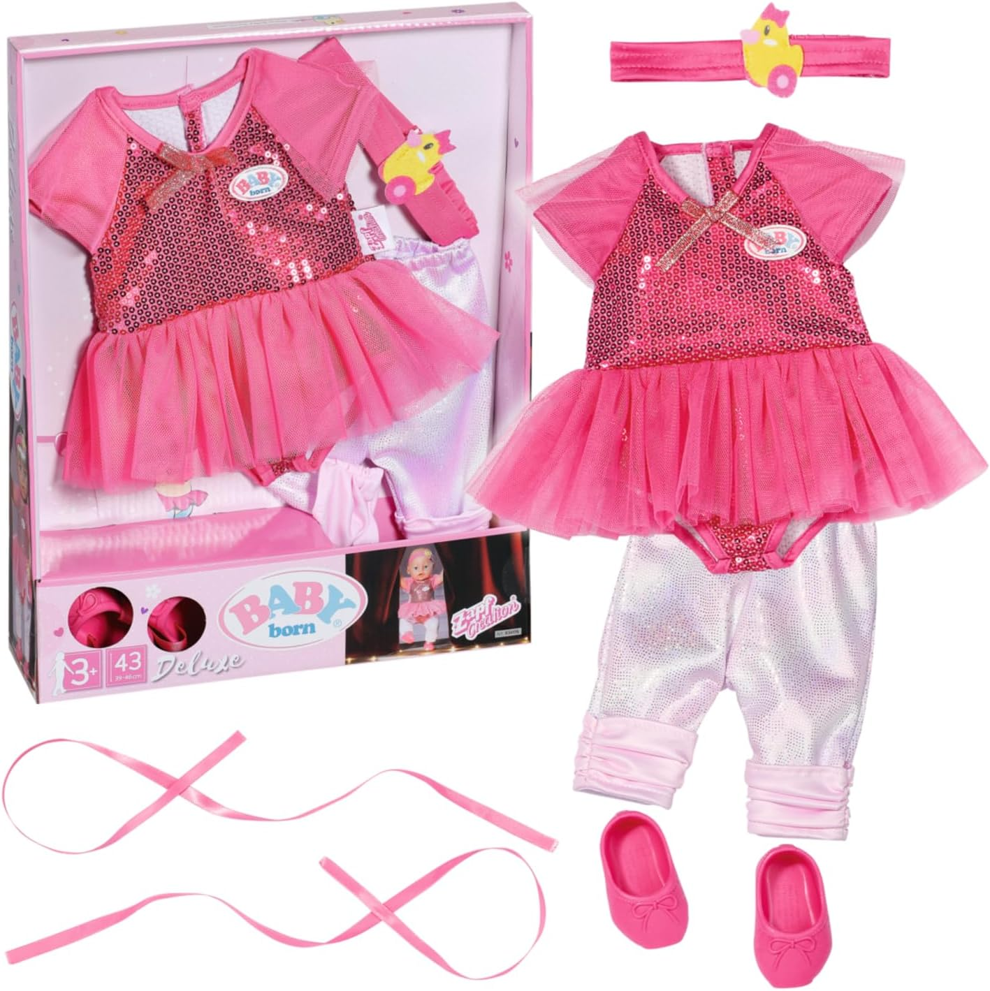 Baby Born Zapf Creation 834176 Deluxe Ballerina Doll Accessories Doll Clothes Set Consisting of Glitter Bodysuit, Leggings, Shoes and Headband in Pink image number 1