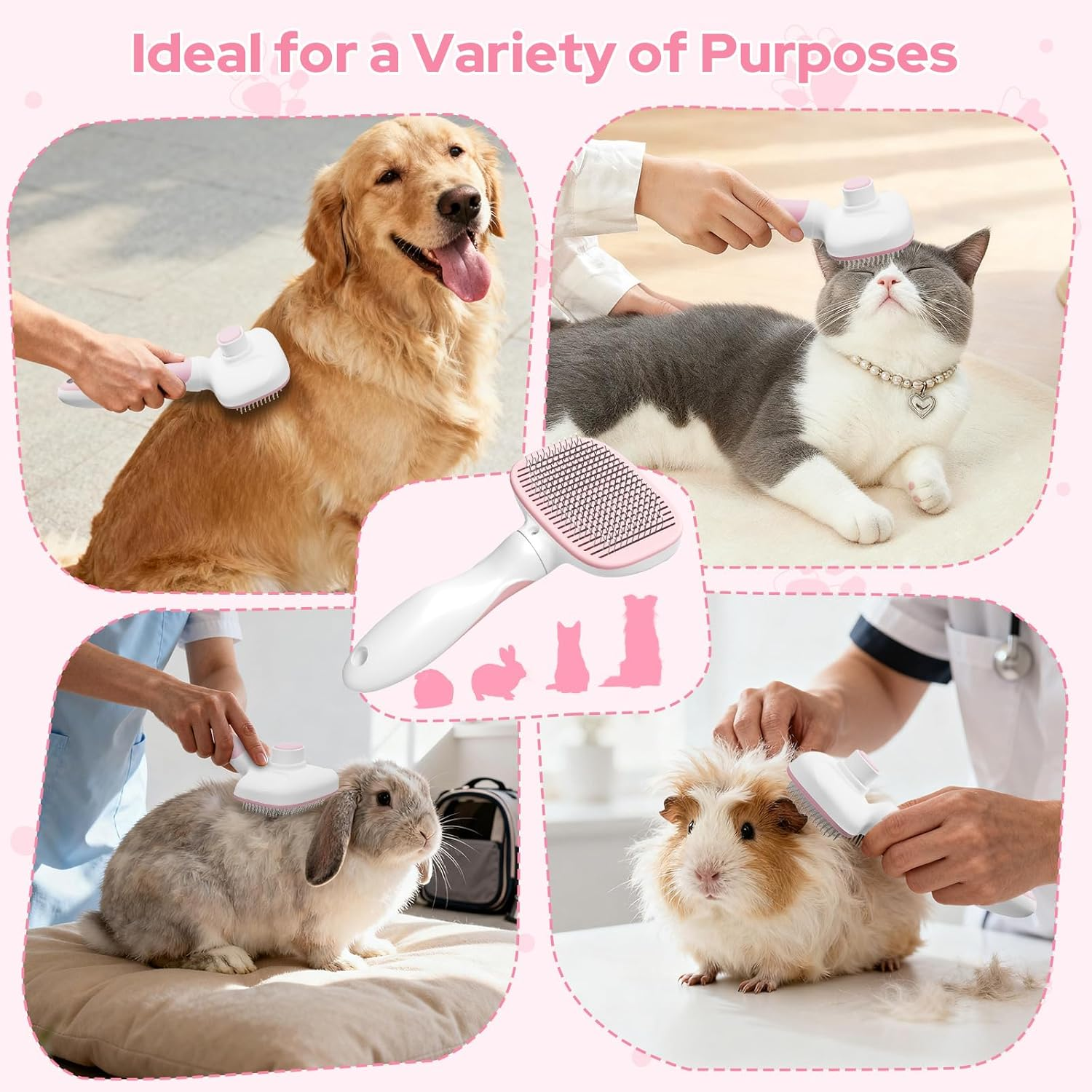 Zivacate Cat Brush Dog Brush, Self-Cleaning Slicker Brush, Dog Comb Fur Brush Dog Gently Removes Undercoat, Massage Grooming Brush for Medium and Long Hair Dogs Cats - Pink/White image number 5