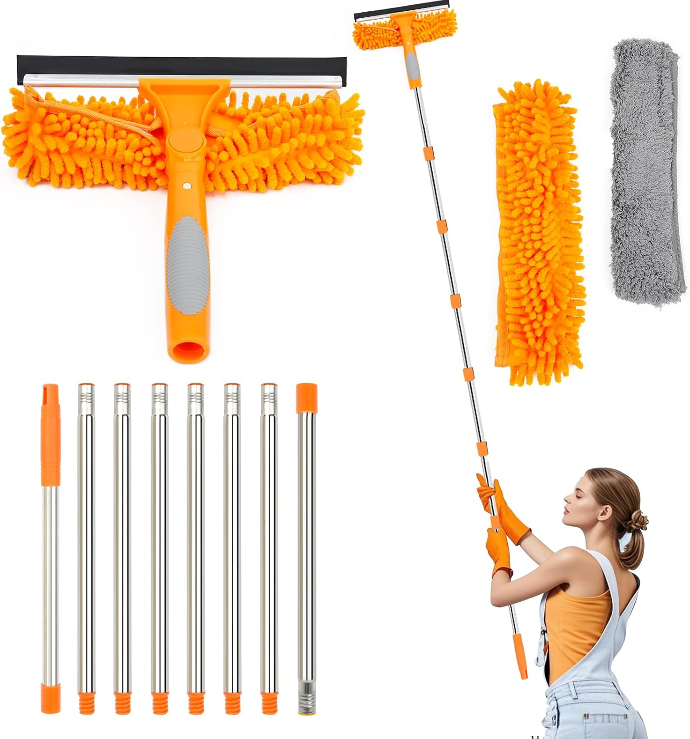 Lapluied 3.1 M Window Cleaner Set, 3-In-1 Window Cleaner Set, Telescopic Window Wiper 270&deg; Rotating Brush Head, Professional Telescopic Rod Window Cleaning for Indoor/Outdoor Windows, Car Orange image number 2