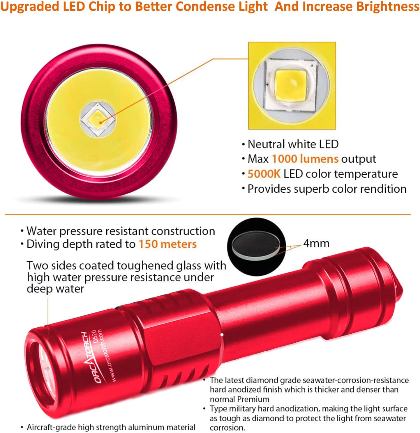 ORCATORCH D520 Scuba Dive Light 1000 Lumens Compact Diving Flashlight IP68 Waterproof Night Dive Torch Submarine Diving Lights with Rotary Switch for Underwater 150 Meters Deep Sea Diving (Red) image number 5