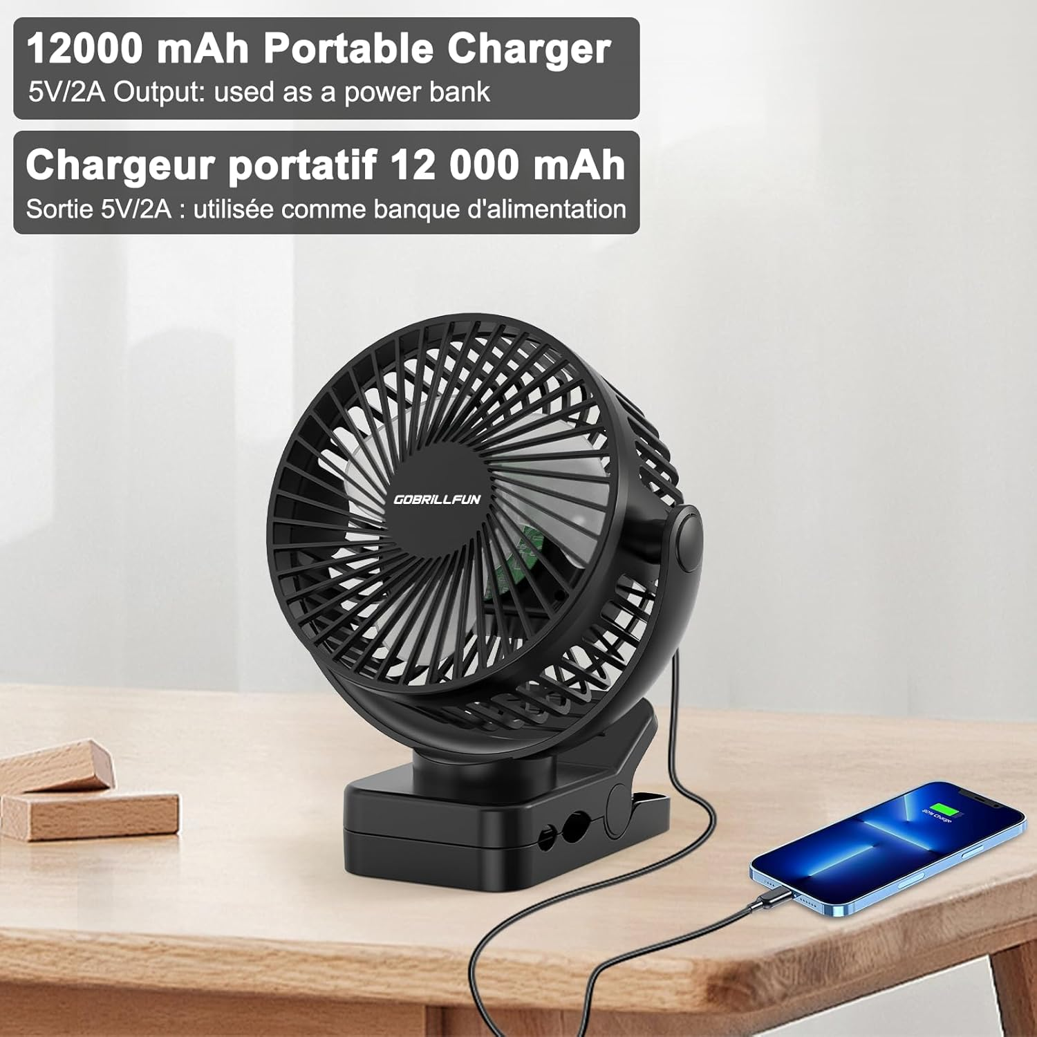 GOBRILLFUN 12000Mah Clip Fan with LED Lights & Timer, USB Rechargeable, 3 Speeds Battery Operated Fan with Timer, Personal Fan for Golf Cart Office Outdoor Travel Camping Tent Gym Treadmill - 6 Inch image number 5