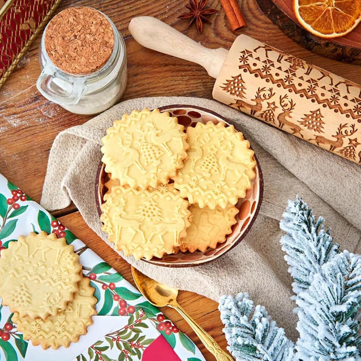 Rolling Pin with Design - Engraved Wooden Christmas Baking Cookie Stamps | Elegant Dough and Clay Roller Kitchen Decor Tools for Bun Pizza Pastries image number 4