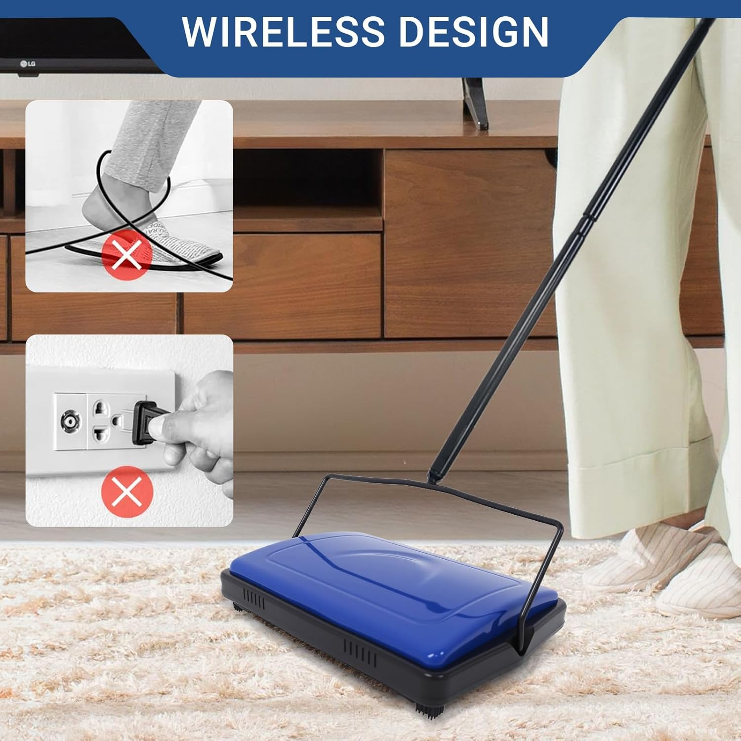 EZ SPARES Quiet Carpet Sweeper, Floor Sweeper with Horsehair Roto Brush Strong Cleaning Power Great for House,Office,Kitchen,Parquet Floor with Clean Out Comb image number 4