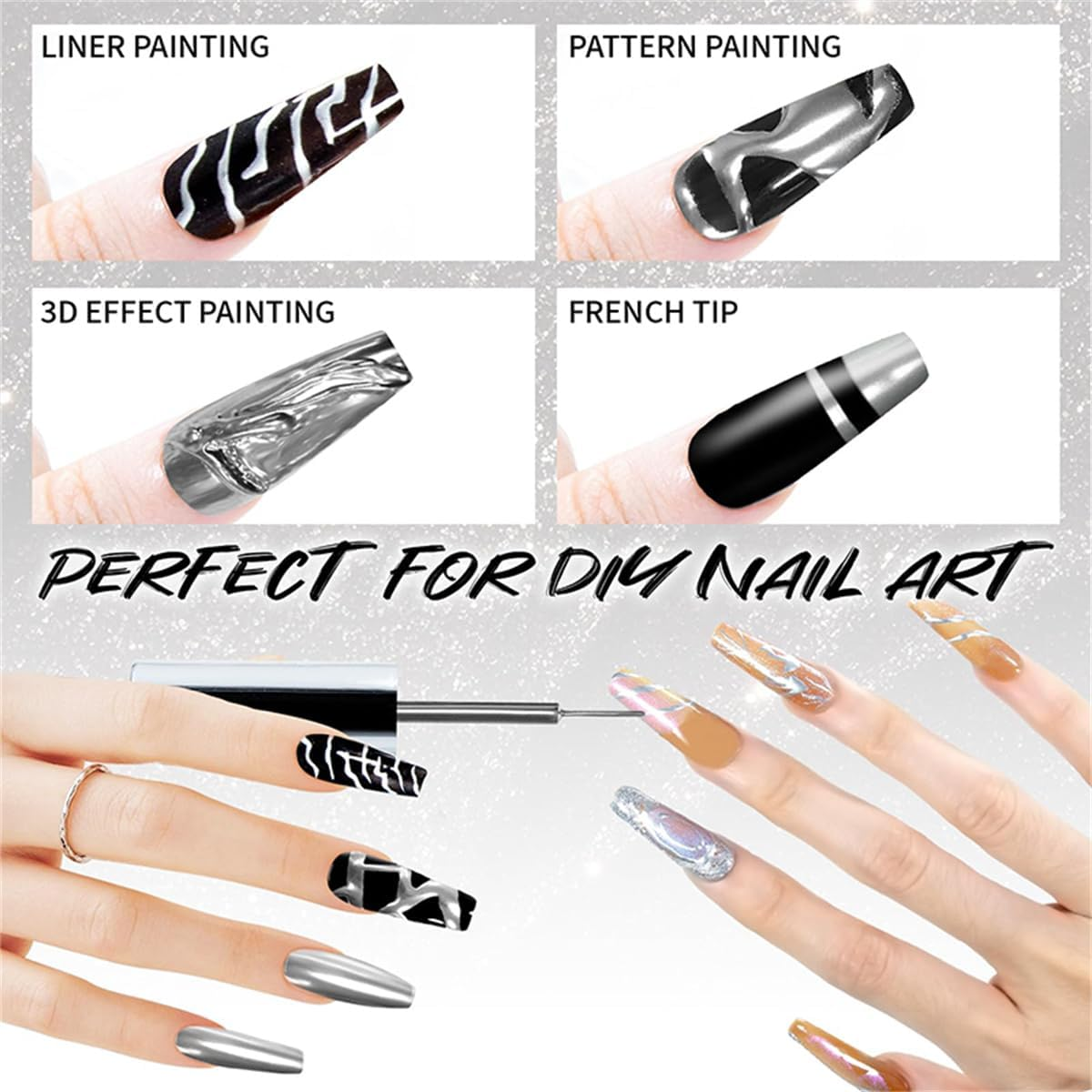 3PCS Metallic Painting Gel Liner Nail Art 3D Mirror Chrome Effect Gel Nail Polish,Gold Silver Rose Gold Metal Painted Drawing Gel Build in Thin Brush Soak off UV/LED Gel for Salon Home DIY Manicure&hellip; image number 4