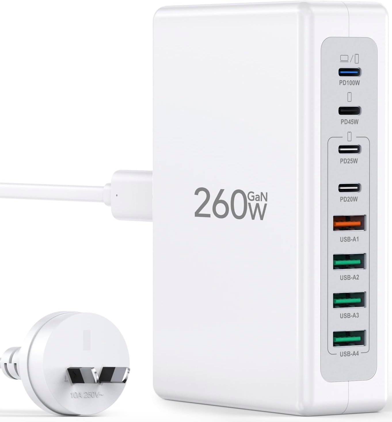 USB C Charger 260W USB C Charger Block,Upgraded Gan III 8-Port Fast Charging Station Hub,Pd 100W 65W 45W 25W 20W Laptop Charger Adapter for Macbook Pro/Air,Dell,Steam Deck,Iphone 17/16,Galaxy S24/23 image number 1