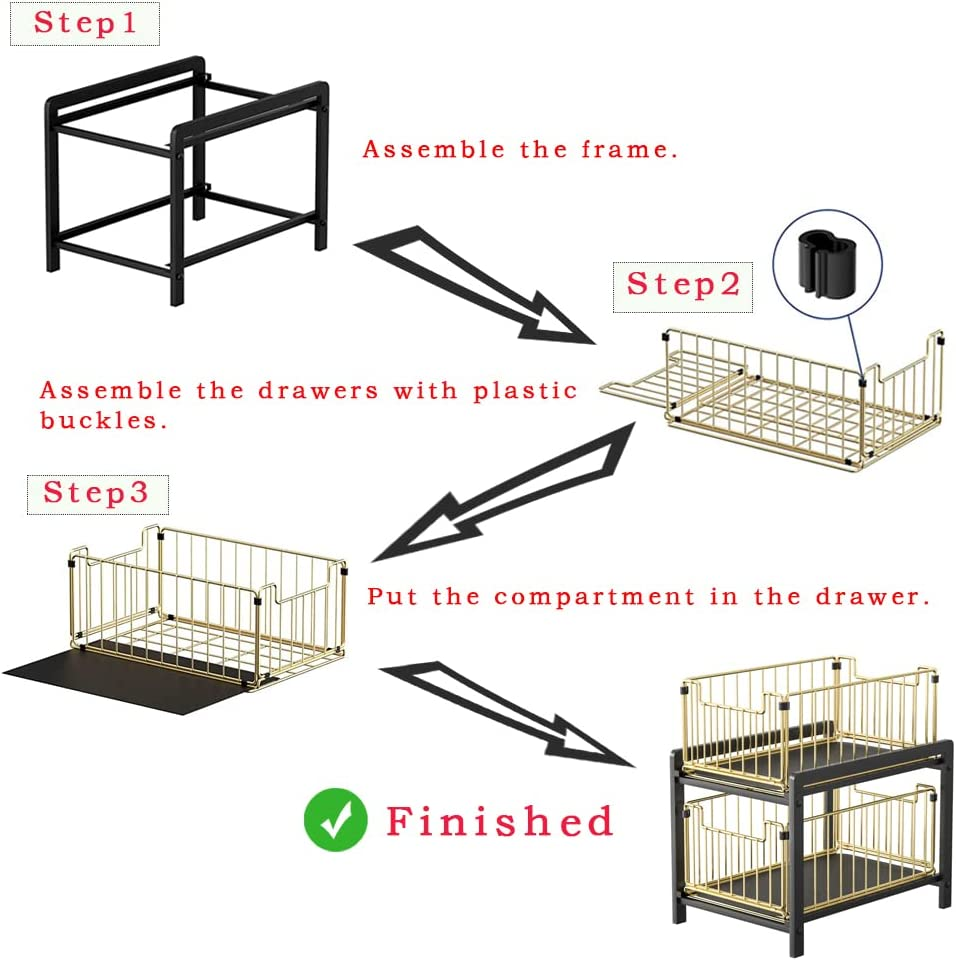 Yunnasi under Sink Storage 2-Tier Pull Out Sliding Basket for Cabinet Kitchen Cupboard Organiser Detachable Metal Storage Rack for Bathroom (Regular, Whitewhite) - Blackblack image number 5
