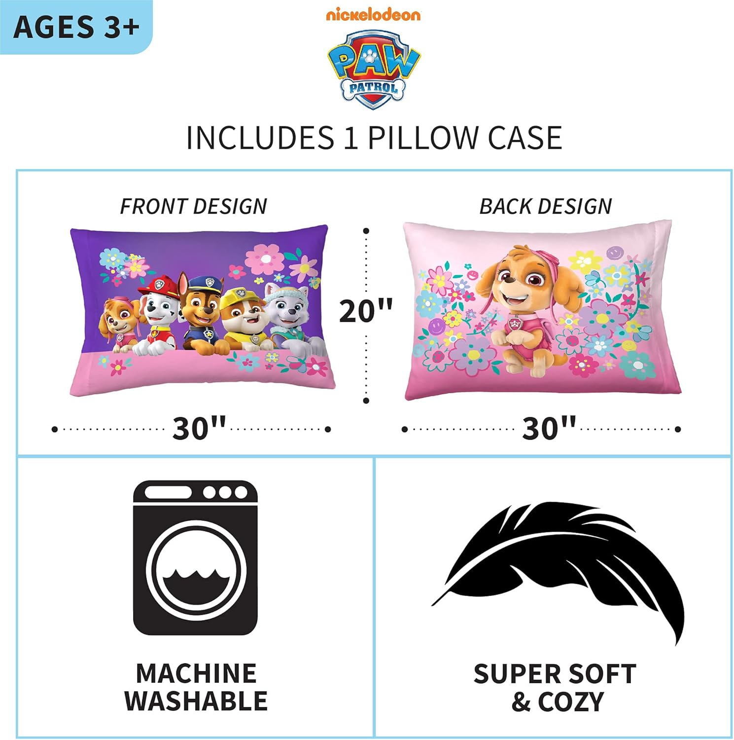 Franco Kids Bedding Super Soft Microfiber Reversible Pillowcase, 20 in X 30 In, Paw Patrol Girls