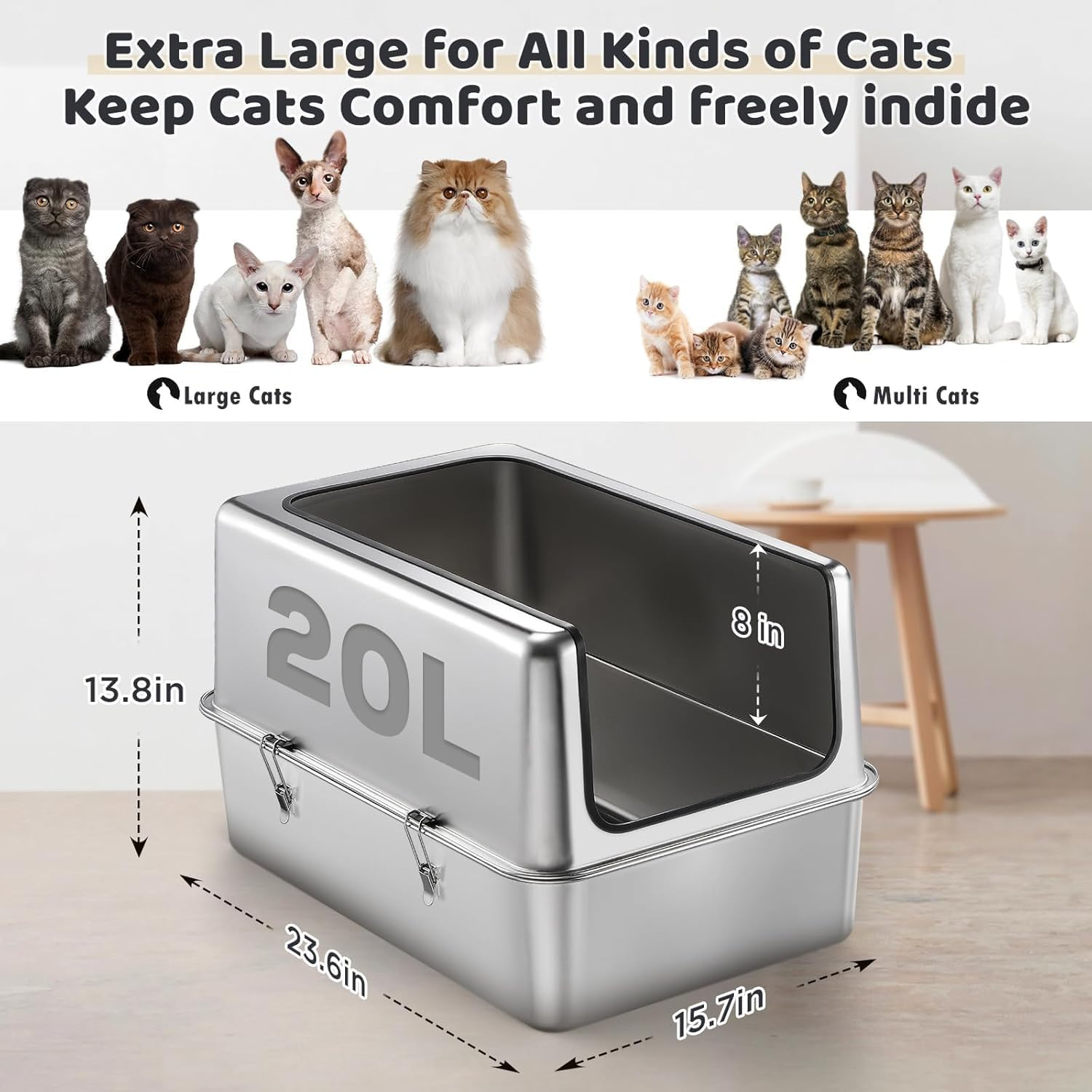 Stainless Steel Litter Box with Lid, Extra Large Cat Litter Box, 60 X 30 X 40 CM Stainless Steel Cat Litter Box, Stainless Steel Cat Litter Tray Easy Cleaning Include Litter Mat with Scoop image number 1