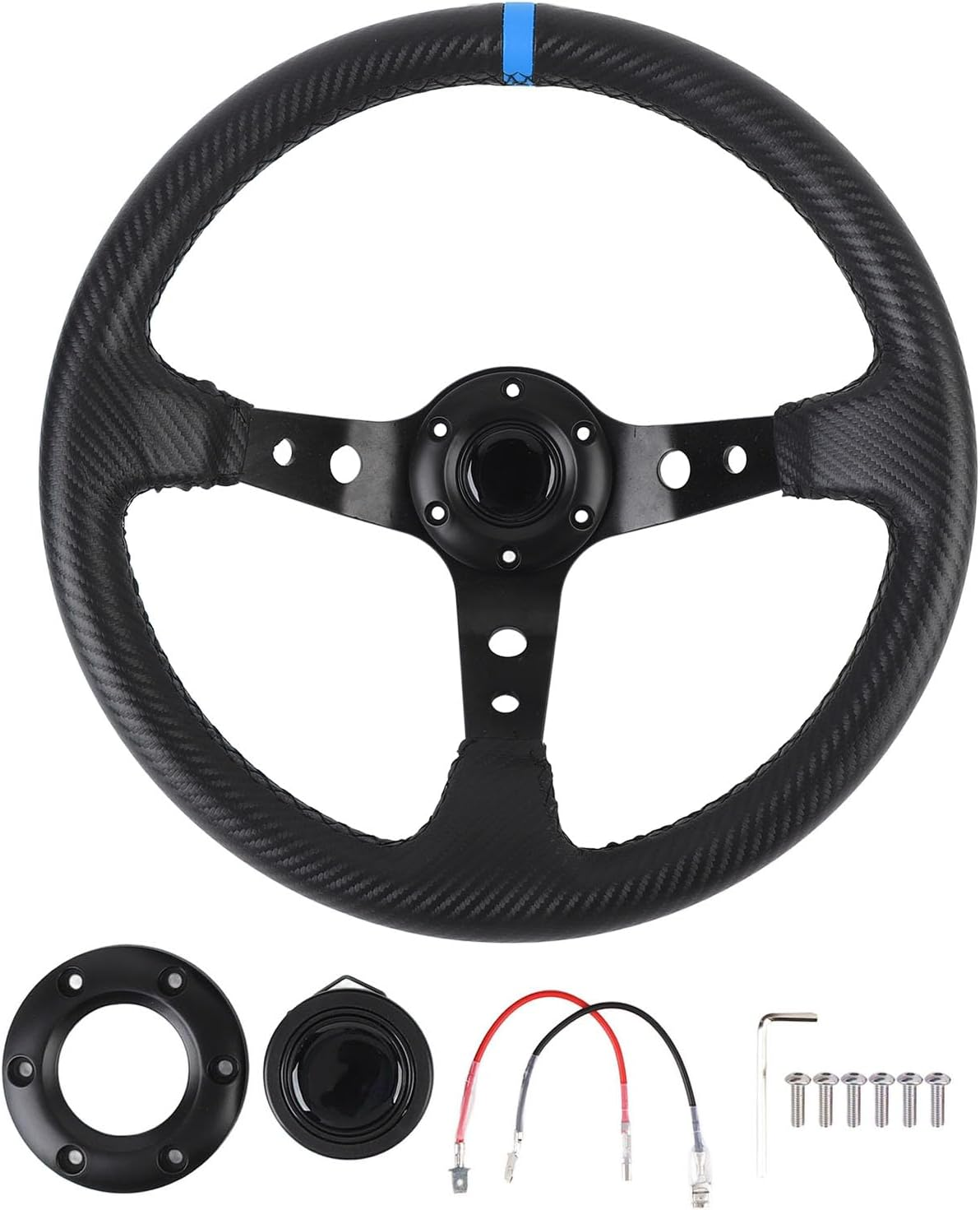 Jiawu 14In Blue Universal Car Racing Steering Wheel, Pvc+Aluminum, Carbon Fiber Look, Compatible with Passenger Car, Truck, SUV, Van