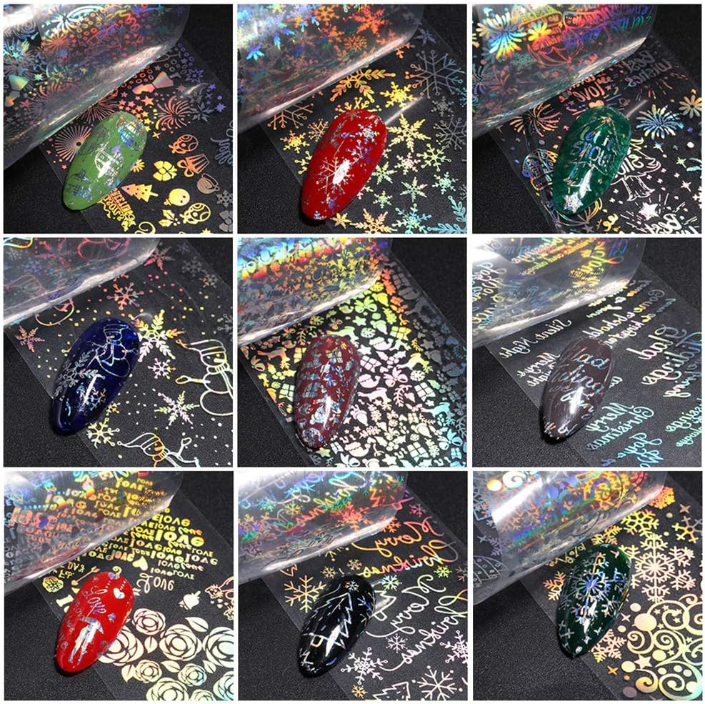 10 Sheets Snowflake Nail Foil Transfer Sticker - 3D Holographic Laser Winter Nail Art Stickers Decals Snowflake Flower Xmas Elk Christmas Foils Transfer DIY Manicure Nail Decorations for Women Girls image number 4