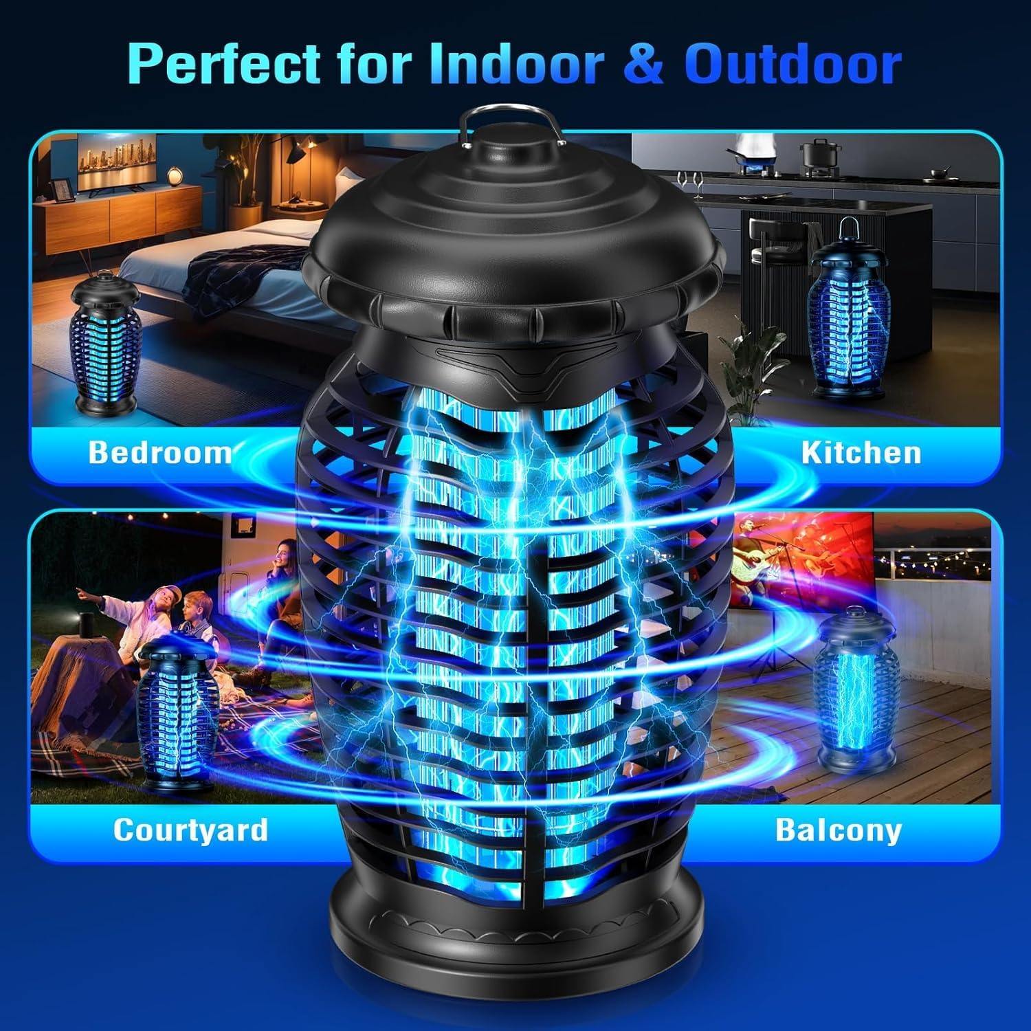 Bug Zapper Outdoor Electronic Mosquito Zapper,Ip67 Waterproof, 4200V 20W Mosquito Killer Lamp Electric Hangable Fly Killer Light Fly Insect Trap Killer for Home, Patio, Backyard, Camping image number 4