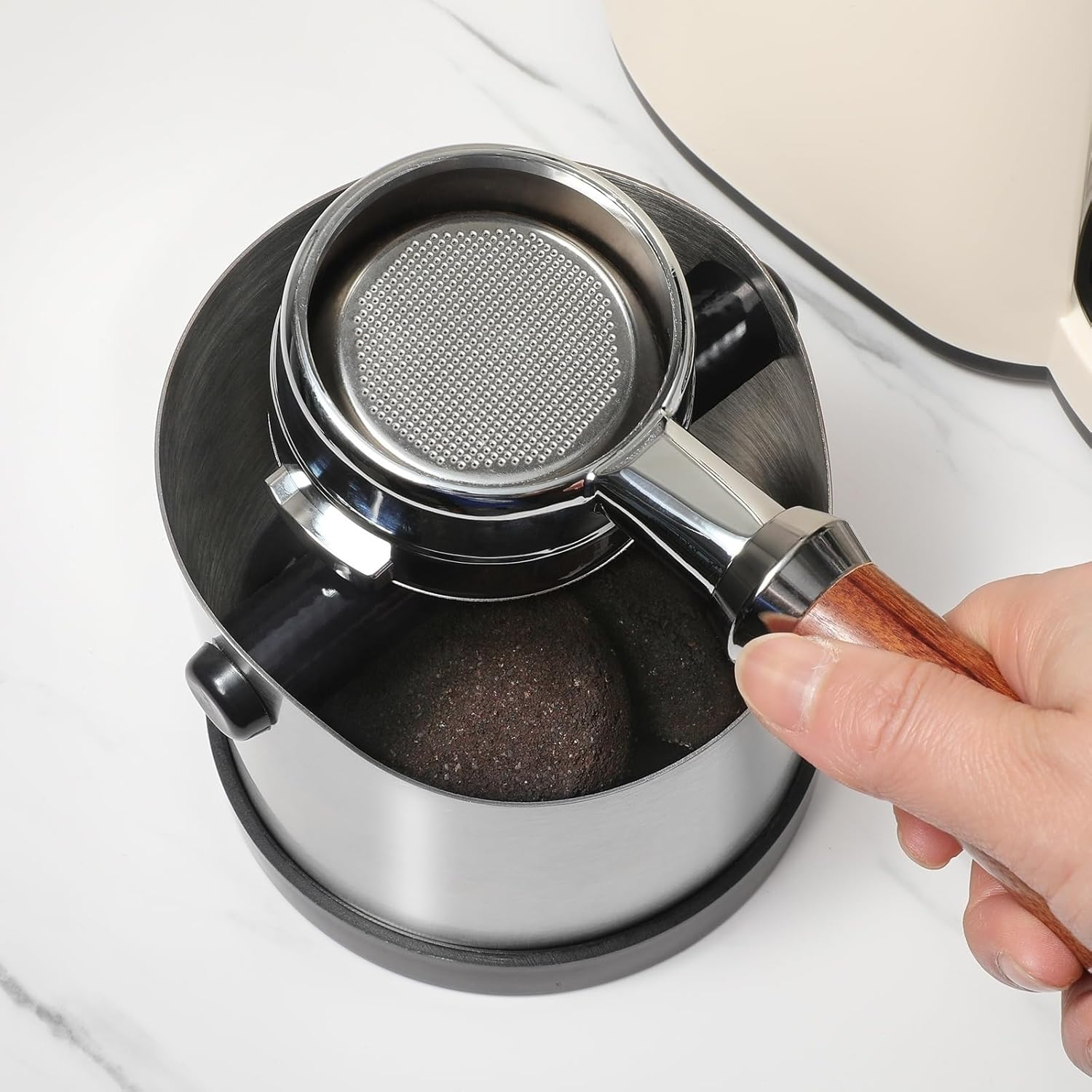 CHDEXU Coffee Grounds Knock Box, Small Stainless Steel Espresso Coffee Knock Box, Coffee Grind Knock Out Box with Removable Knock Bar and Coffee Brush, Coffee Grounds Container with Non-Slip Base image number 5