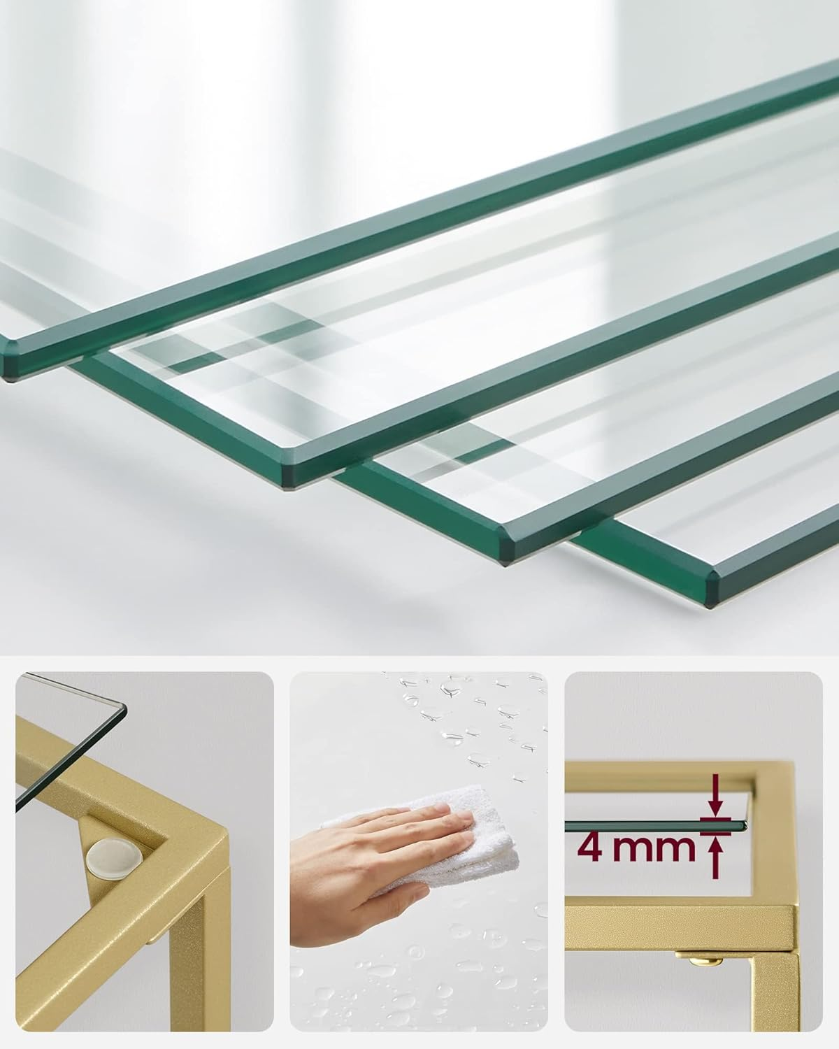 VASAGLE Bookcase, 5-Tier Bookshelf, Slim Shelving Unit for Bedroom, Bathroom, Home Office, Tempered Glass, Steel Frame, Metallic Gold ULGT029A01 image number 3