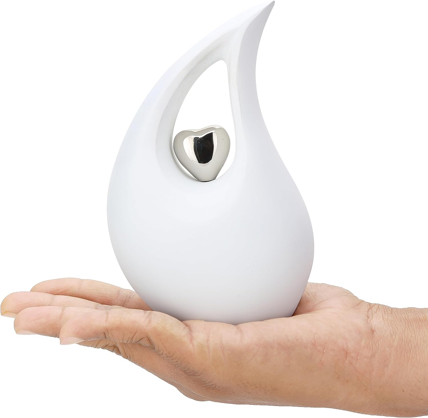 KEEPSAKE COMPANY White Tear Drop Medium Urns for Human Ashes with Silver Heart (6 Inch Height)-Unique Medium Urn-Decorative Urns-Cremation Urn-Burial Urns-Keepsake Urn-Funeral Urn-Funeral Urns image number 1