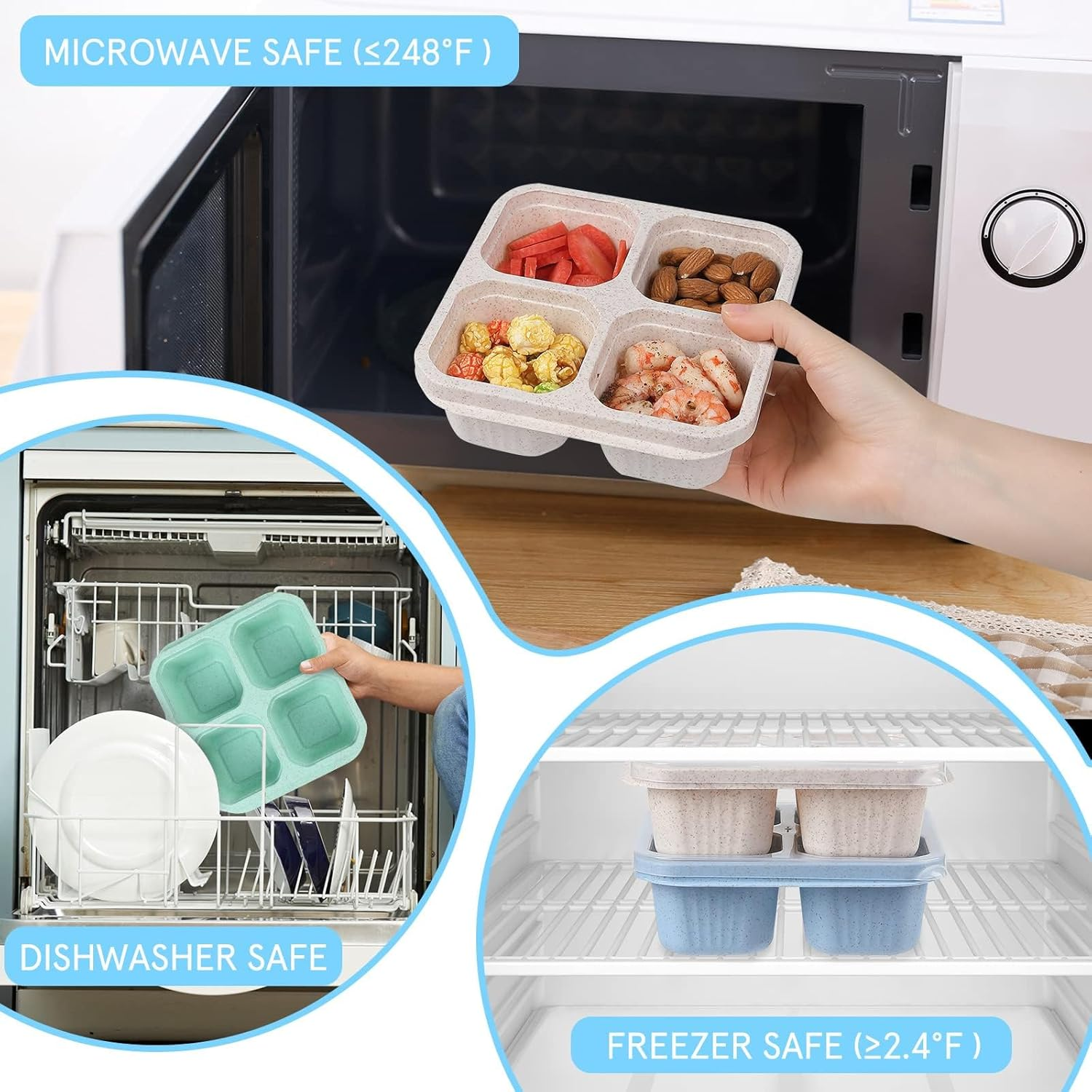 4-Compartment Bento Lunch Containers,Wheat Straw Meal Prep Lunch Box ，Plastic Food Storage Container， Set of 4, Multi-Colour image number 6