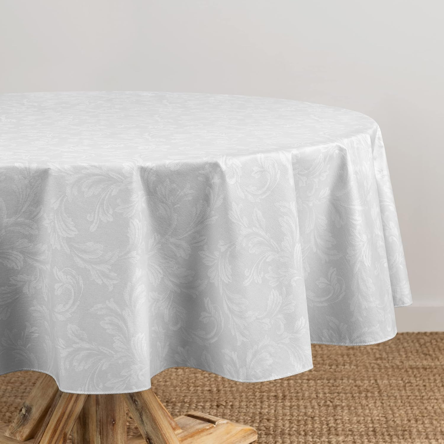 Elrene Home Fashions Camile Floral Damask-Scroll Water- and Stain-Resistant Vinyl Tablecloth with Flannel Backing, 52 Inches X 70 Inches, Rectangle, Gray/White