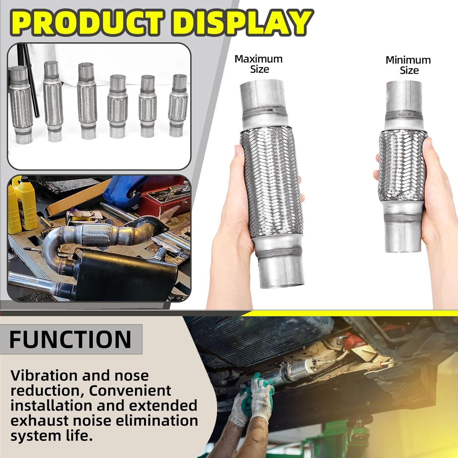 3Pcs Exhaust Flex Pipe Heavy Duty Stainless Steel Exhaust Flex Pipe Double Braid Exhaust Flex Tube U-Bolt Clamp Stainless Steel Muffler U-Bolt Clamps for Cars Trucks Buses Pipes(2" X 8" X 12") image number 1