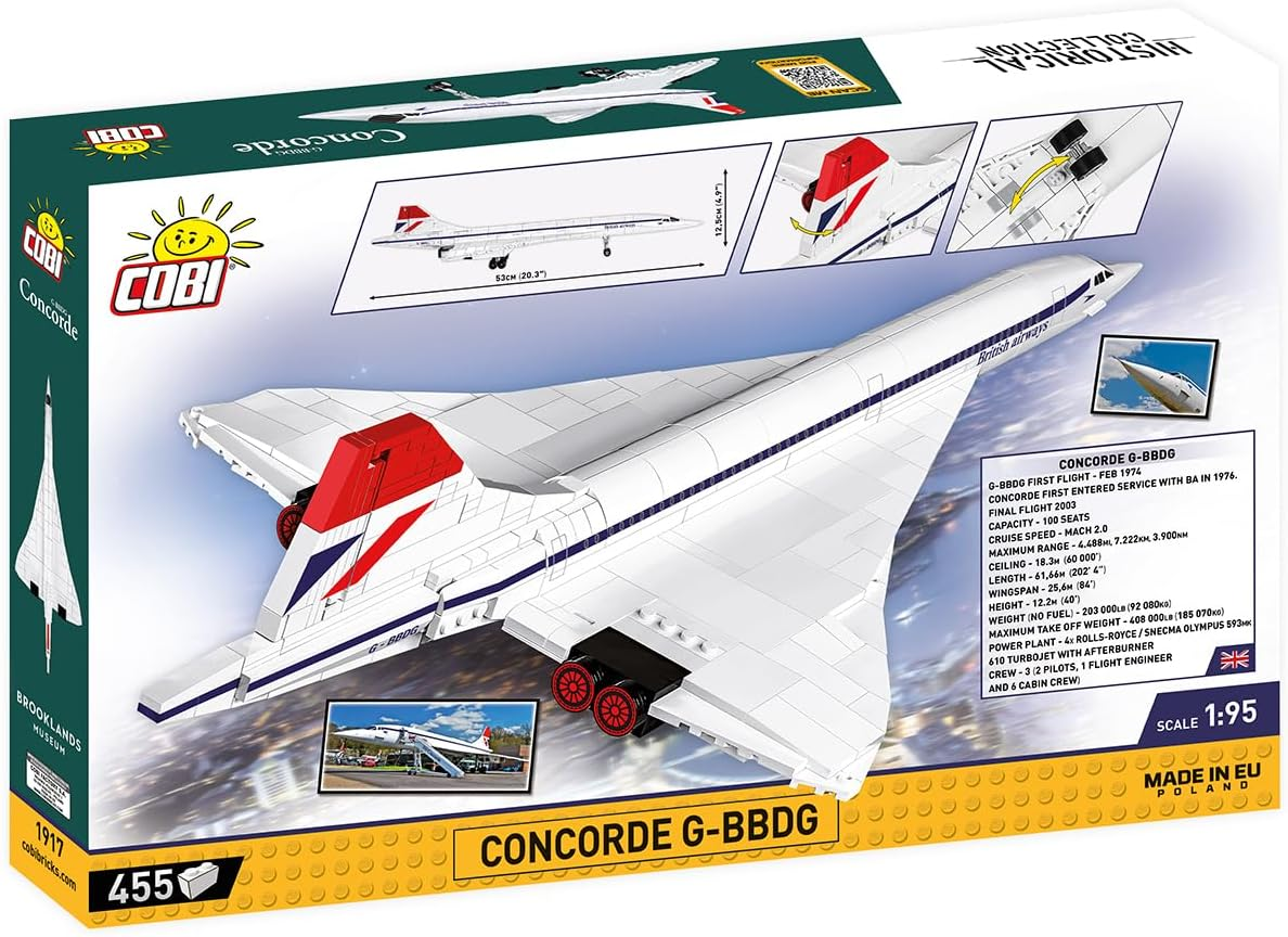 Cobi 1:95 Scale Historical Collection World War II Brooklands Museum G-BBDG Concorde Turbojet Plane 450-Pieces Building Block Kit image number 5