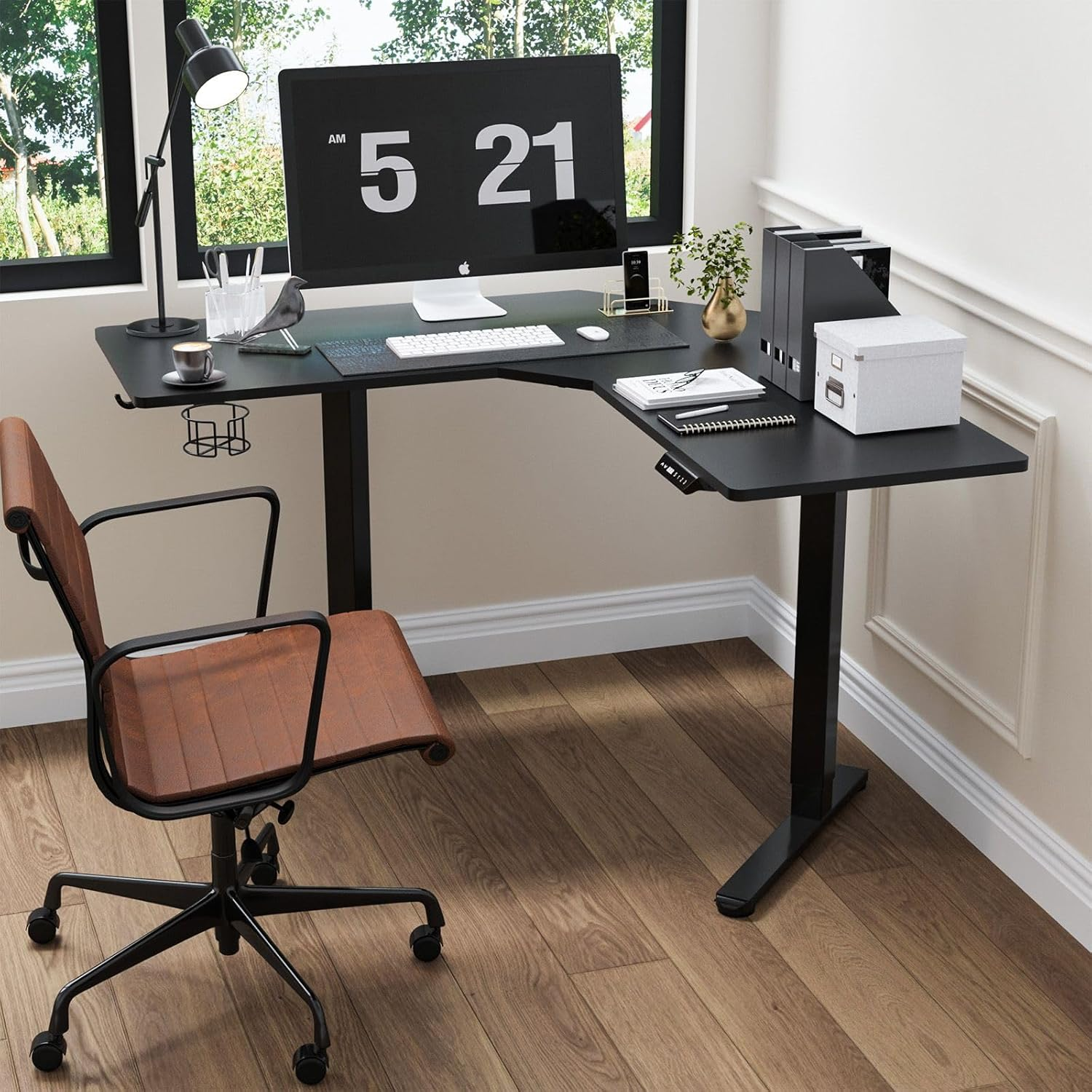 Luxsuite Electric Standing Desk L Shaped Sit Stand up Table Desktop Desk Motorised Height Adjustable Rising Computer Office Sturdy Workstation USB & Type C & Headphone Hook, Cup Holder 120X120Cm White