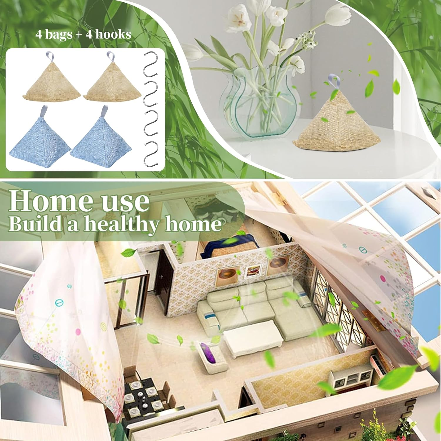 4 Pack Activated Bamboo Charcoal Bags with 4 Hooks Air Purifier Deodorizer Bags Dehumidifier Bags Stylish Pyramid Design Applicable to Car Closet Bathroom Basement Litter Box Shoe Air Fresheners Bags image number 6