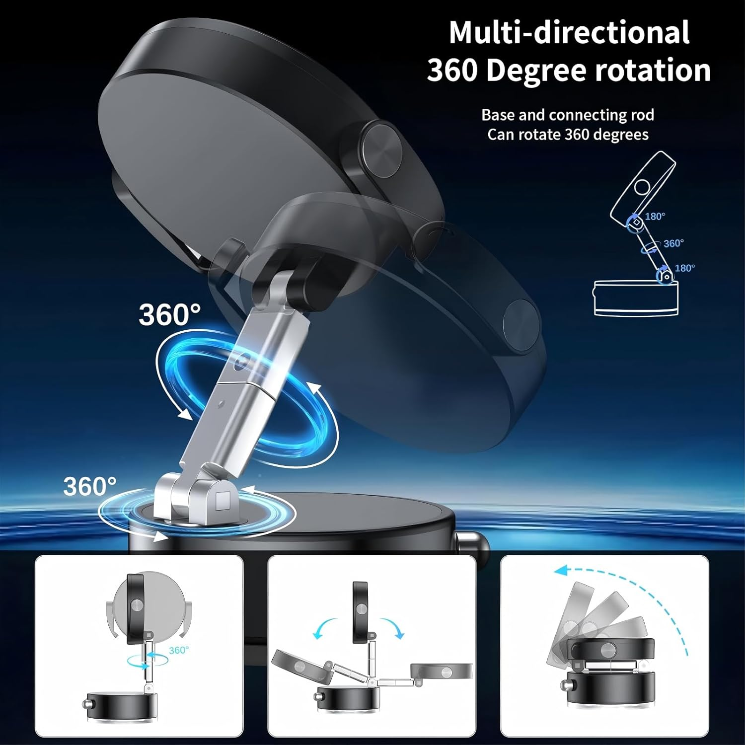 Car Phone Holder, Vacuum Magnetic Suction Phone Mount with Clamp, Magnetic Adjustable Holder, 360&deg; Rotatable Mobile Phones Holders for Dashboard, Magnetic Mount for Iphone All Smartphones, Black image number 3