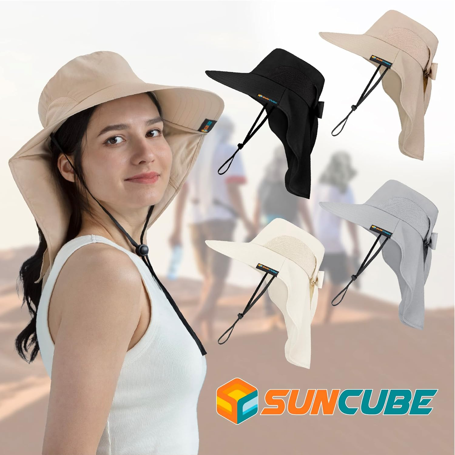 SUN CUBE Wide Brim Sun Hat with Neck Flap, UPF50+ Hiking Safari Fishing Hat for Men Women, Sun Protection Beach Hat, Tan with Bow, One Size