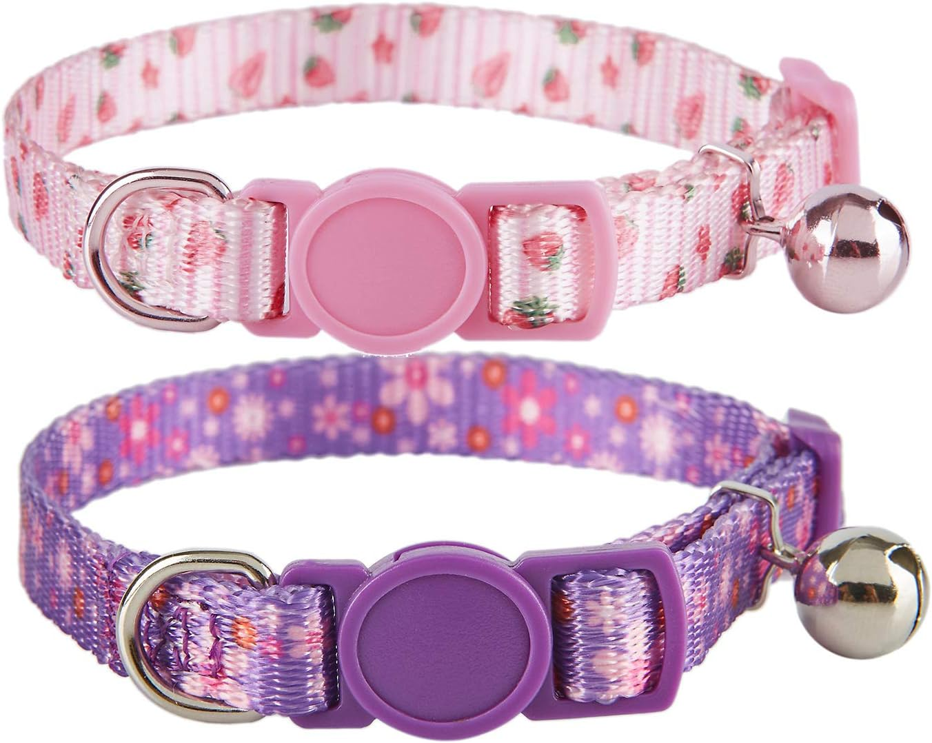 Cat Collars Pack of 2, Colorful Printed Basic Strong Girls Cat Collar Quick Release with Removeable Bell, Pink Purple image number 4