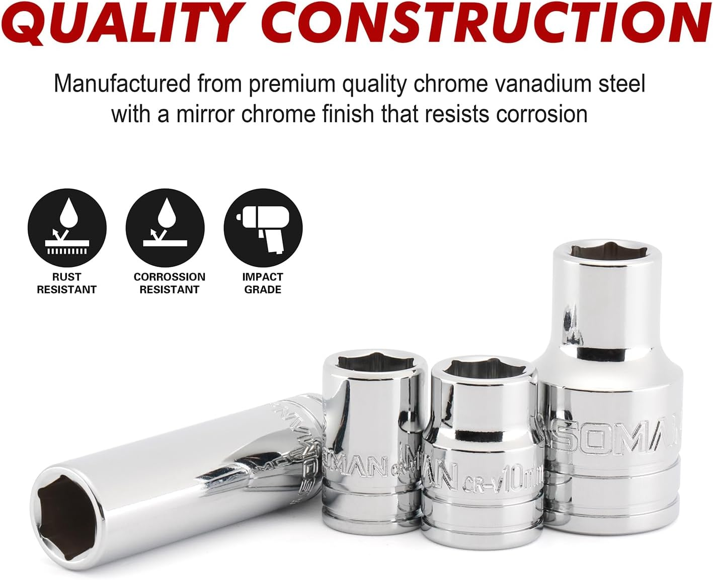 CASOMAN 10-Piece Impact Socket & Flex Socket Set - 10Mm, 1/4" & 3/8" & 1/2" Drive, 6-Point, Magnetic Impact Sockets, with Storage Rail image number 4