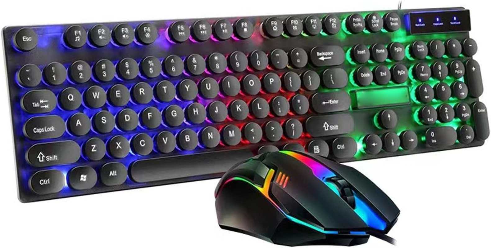 Wired Gaming Keyboard and Mouse Combo, LED Backlit anti Ghost Wired Keyboard Mouse, Retro Punk round Keycaps, 1600DPI Optical Mouse, USB Computer Keyboard for Winxp/7/8/10, OS X