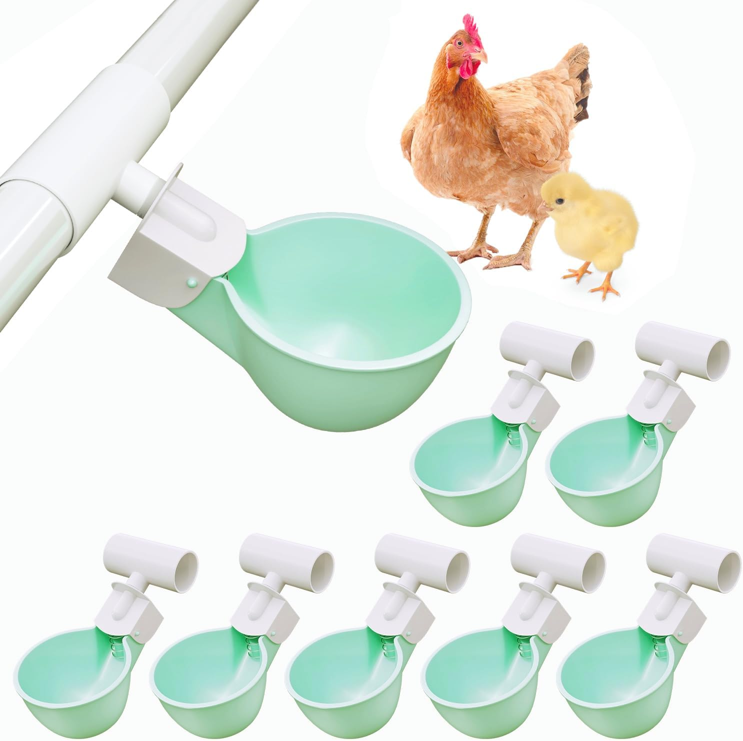 Chicken Water Cups with PVC Tee Fittings for 1/2" Pipe, 8PC Automatic Chicken Watering System, Anti-Leak, Holds 50% More Water, Suitable for Chicks, Chicken, Duck, Quail, Birds, Turkey image number 1