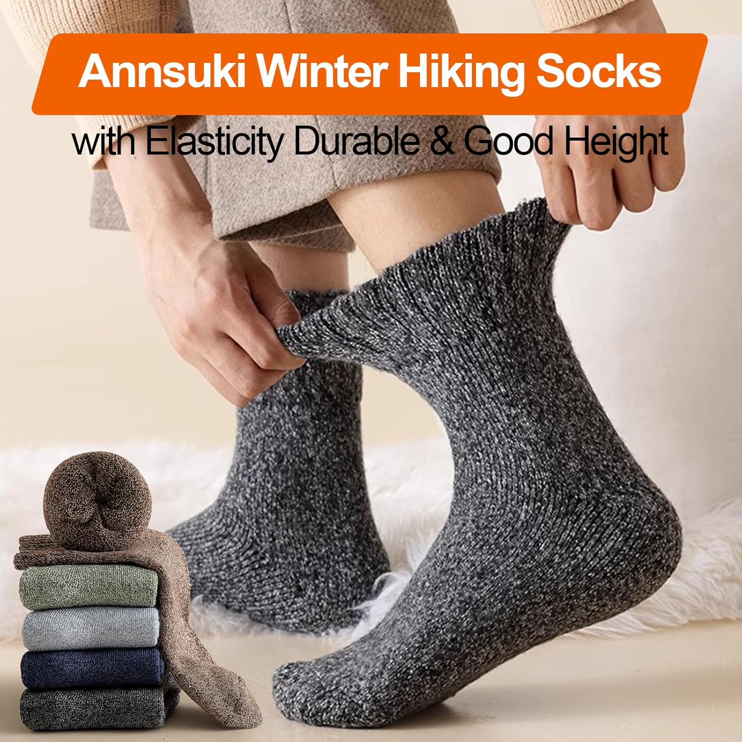 5 Pairs Wool Socks for Men Women,H HOME-MART Ladies Thermal Winter Socks Nordic Socks,Thick Knitting Warm & Comfy Wool Crew Cotton Vintage Knit Thermal Gifts image number 5