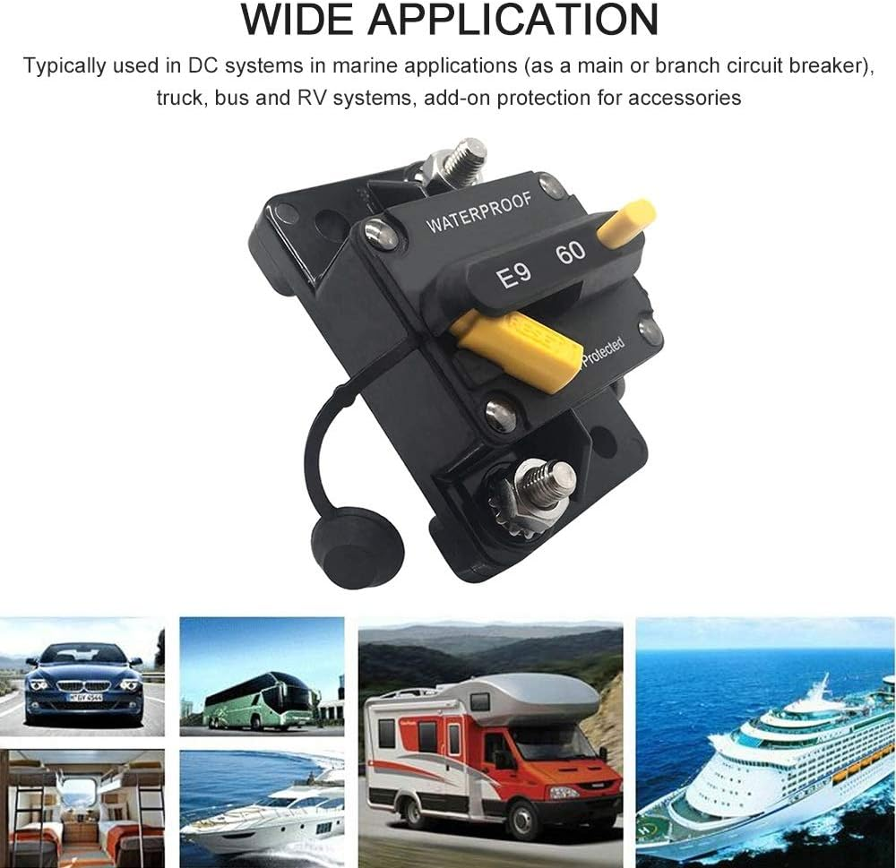 60Amp Circuit Breaker 30-300A with Manual Reset Trolling Motor Auto Car Marine Boat Bike Stereo Audio Terminal Inline Fuse Inverter for System Current Overload Protection 12V-48V DC Waterproof - E100A image number 4