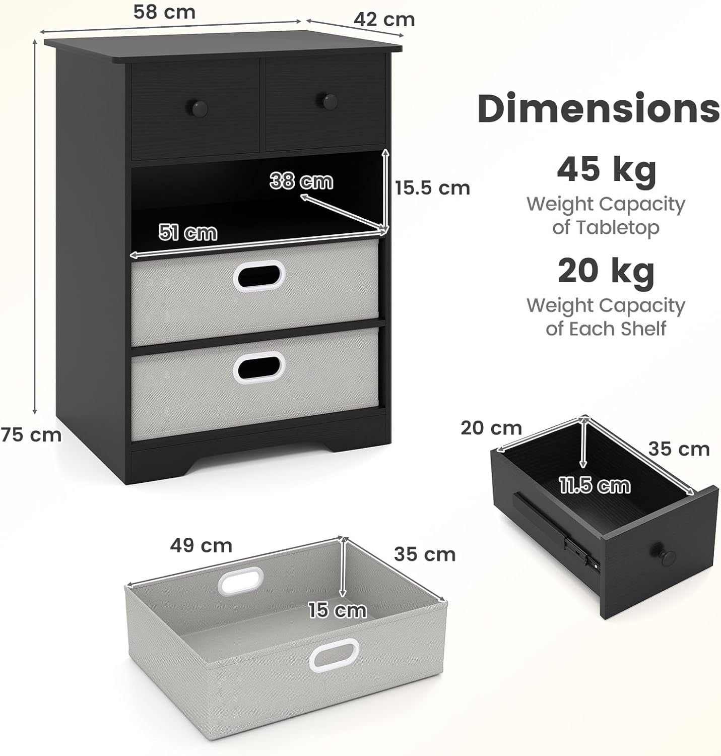 Giantex 4-Drawer Dresser, Modern Chest Storage Organizer with Open Shelves, Multifunctional Freestanding Nightstand with Anti-Tip Kits for Bedroom, Living Room, Entryway, White/Black (Black + Grey) - Black + Grey image number 4