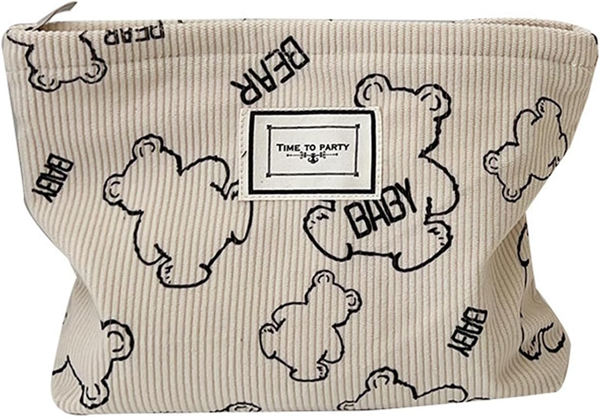 Gidary Cosmetic Bag Makeup Bag Preppy Cute Teddy Bear Corduroy Toiletry Bag for Women Travel Essentials (White-2)