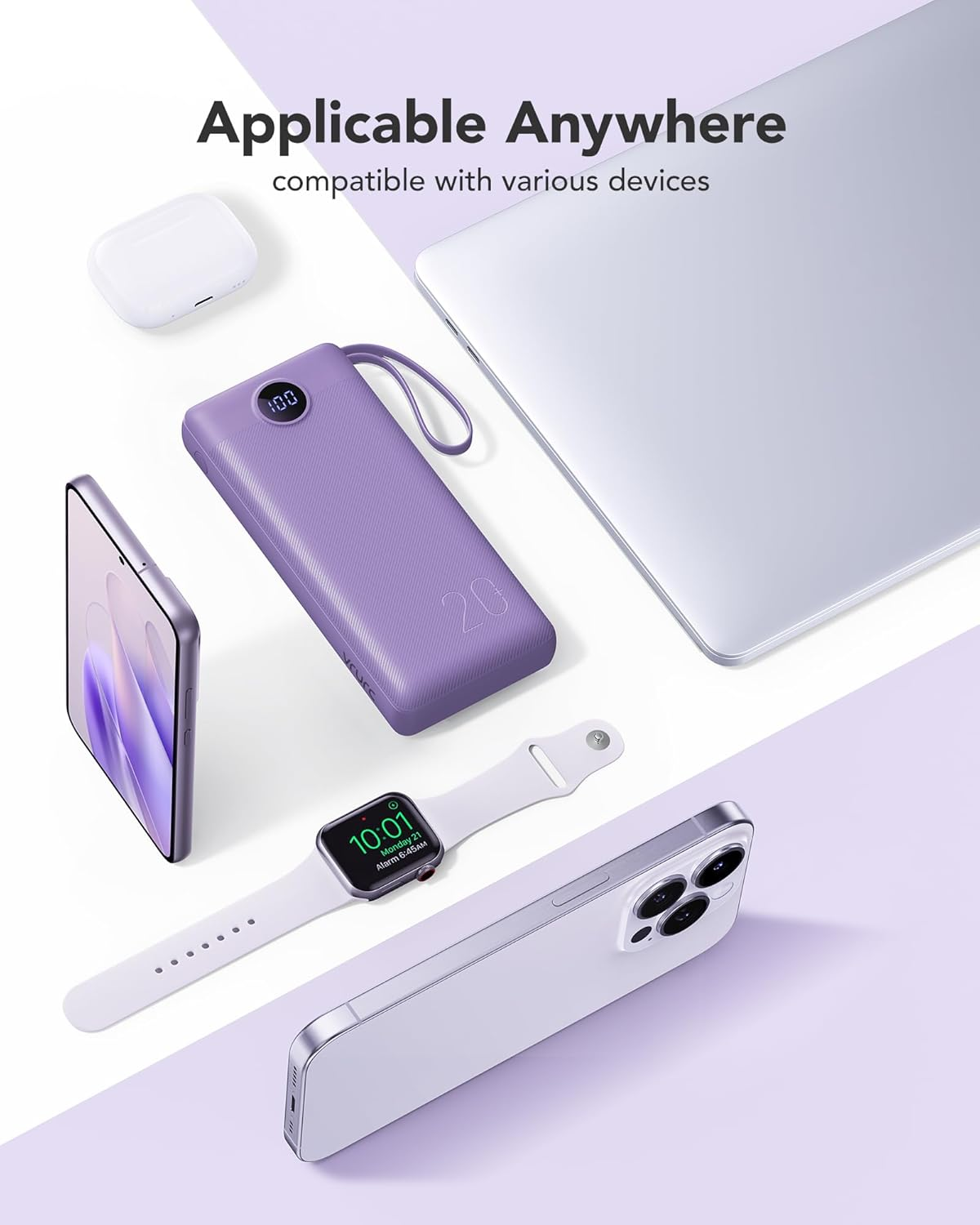 Portable Charger 20000Mah, Fast Charging Battery Pack 22.5W USB C, VRURC Phone Power Bank with 4 Built-In Cables, 4 Output 2 Input LED Display Compatible with Iphone Samsung,Tablet,Purple image number 5