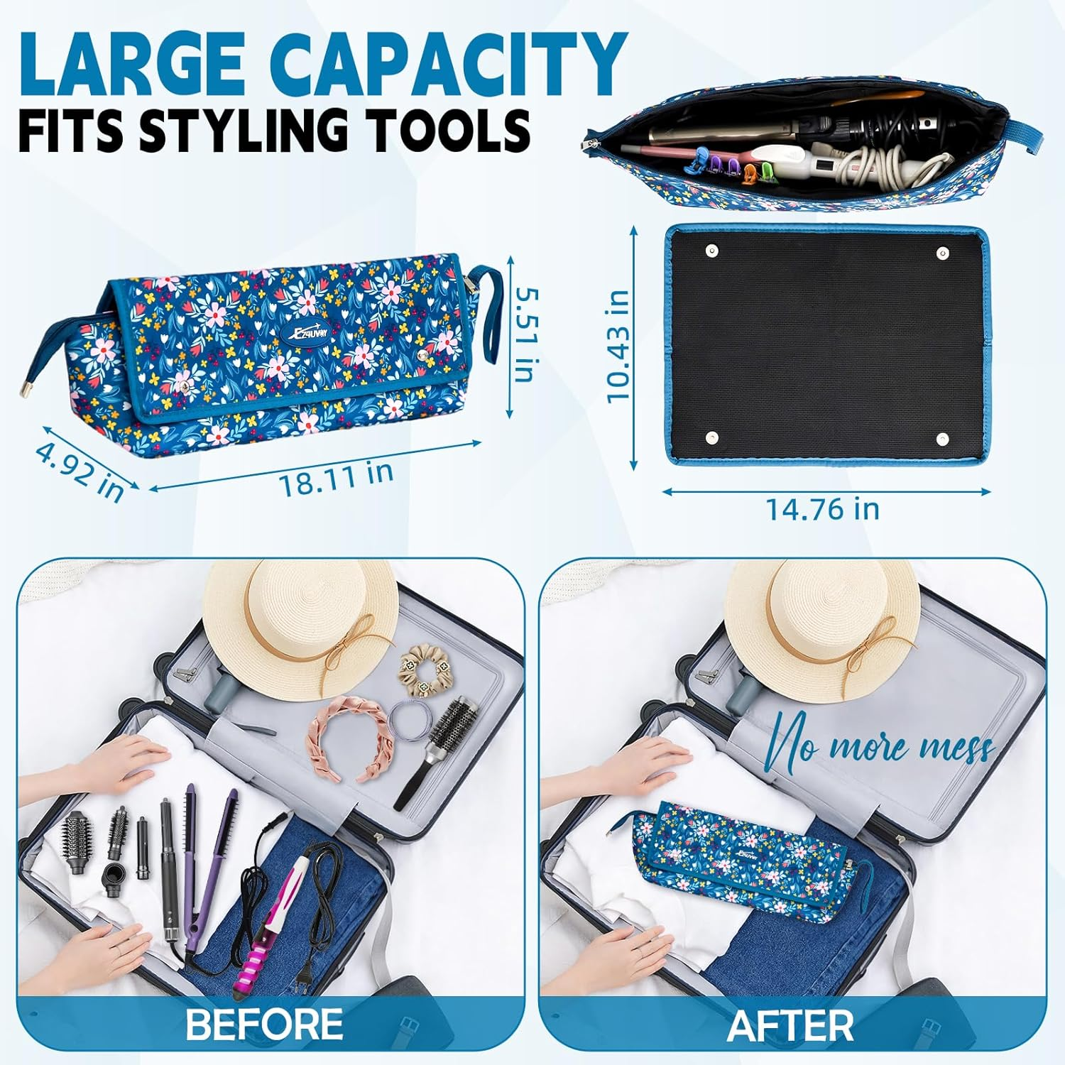 Hair Tools Travel Bag with Removable Heat Resistant Mat,2-In-1 Hair Accessories Organizer Bag for Travel，Portable Travel Carrying Bag for Hot Tools, Flat Irons, Straighteners, Curling Iron,Hair Dryer image number 6