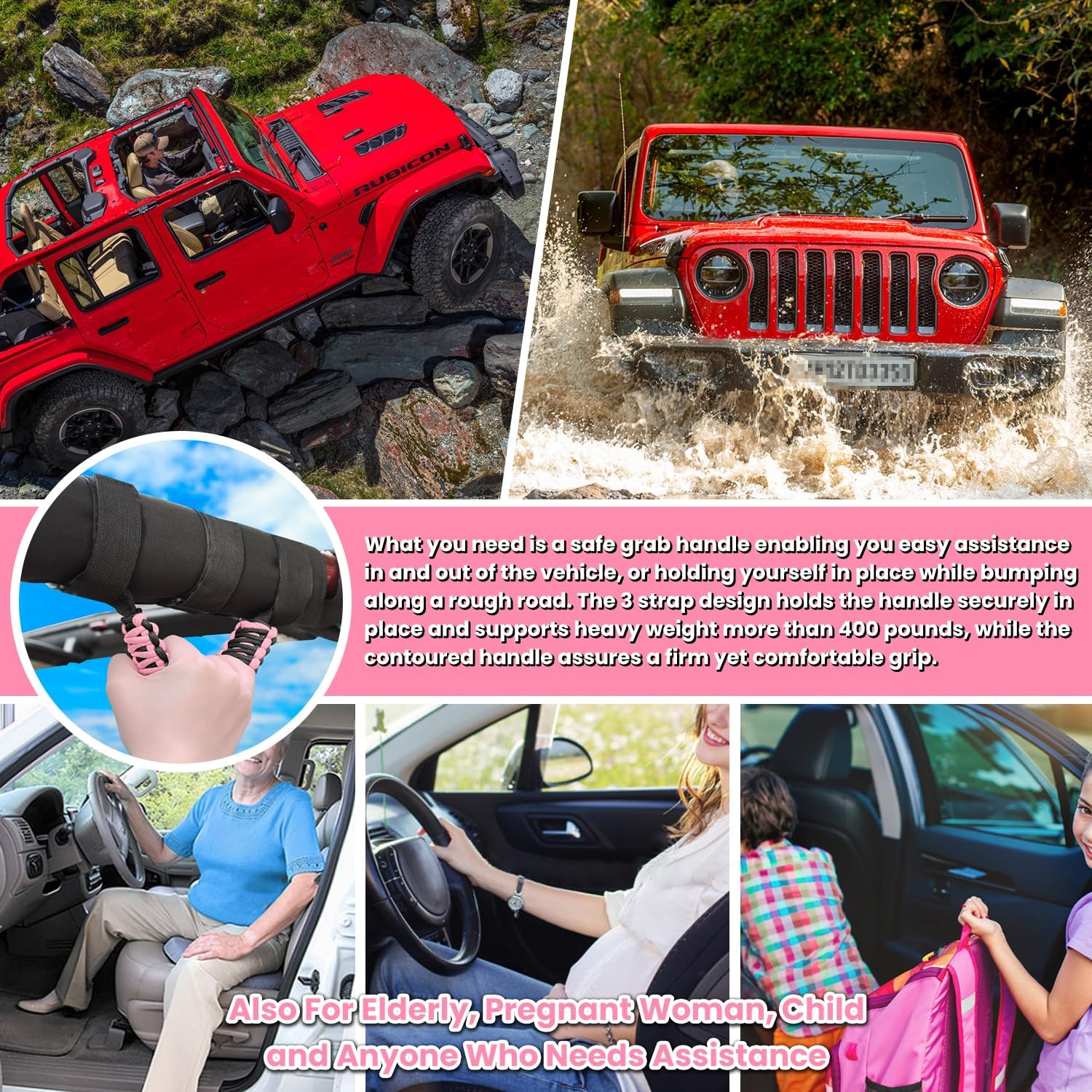 Roll Bar Grab Handles Grip Handle for Jeep Wrangler YJ TJ JK JKU JL JLU Sports Sahara Freedom Rubicon Unlimited X Gladiator JT 1955-2022 UTV ATV Premium Paracord (Pink 2PCS) - Blue image number 6