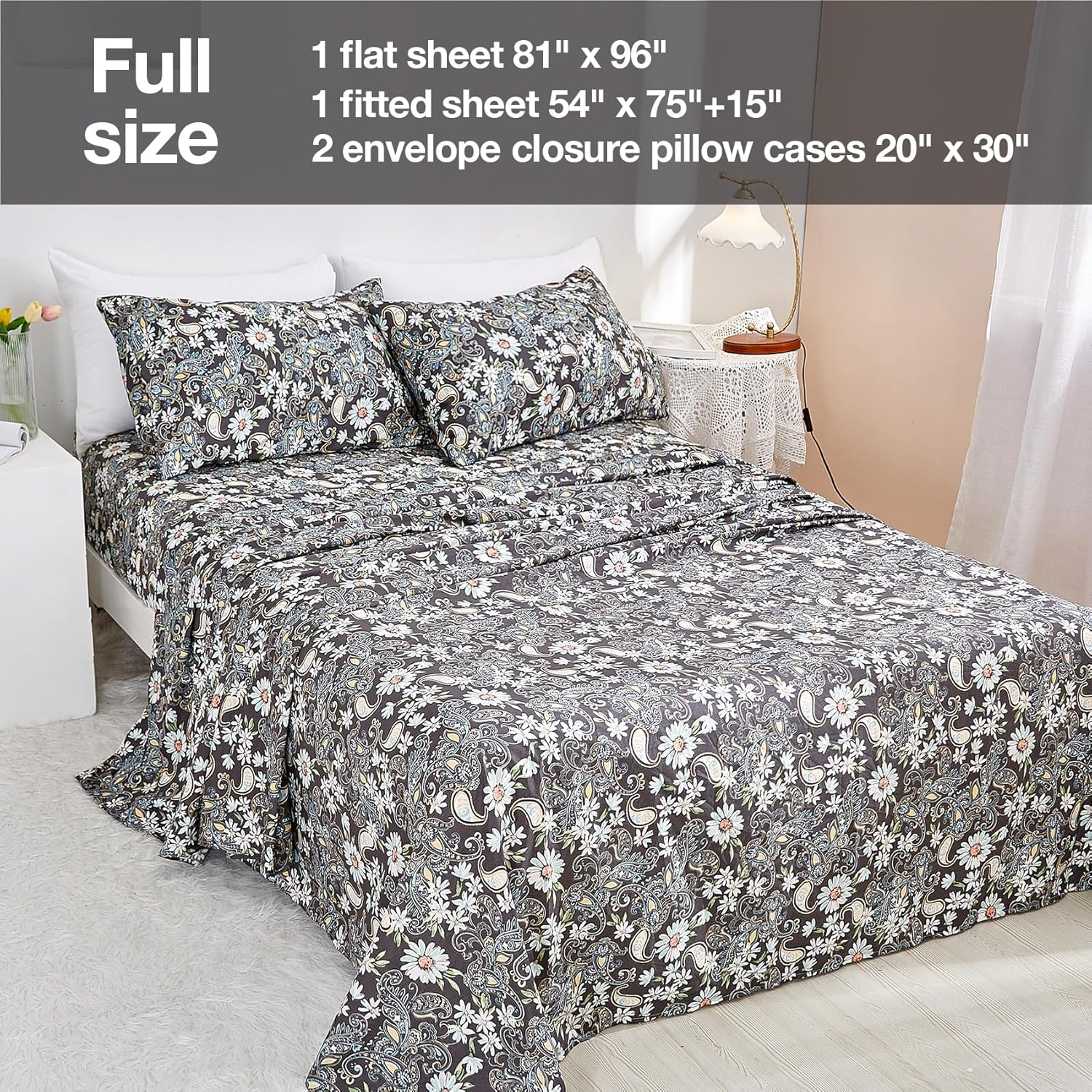 JSD Paisley Sheet Set Full Size, 4 Piece Retro Pattern Microfiber Bedding Sheets Extra Deep Pocket image number 3