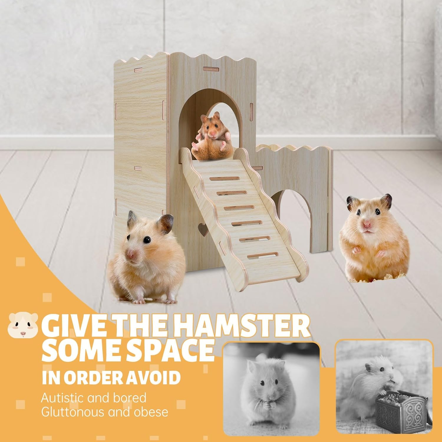 Wooden Hamster House, Hamster Playground with Cave Stairs, Hamster Houses and Hideouts, Wooden Hamster Toys Hamster Cage Accessories image number 4