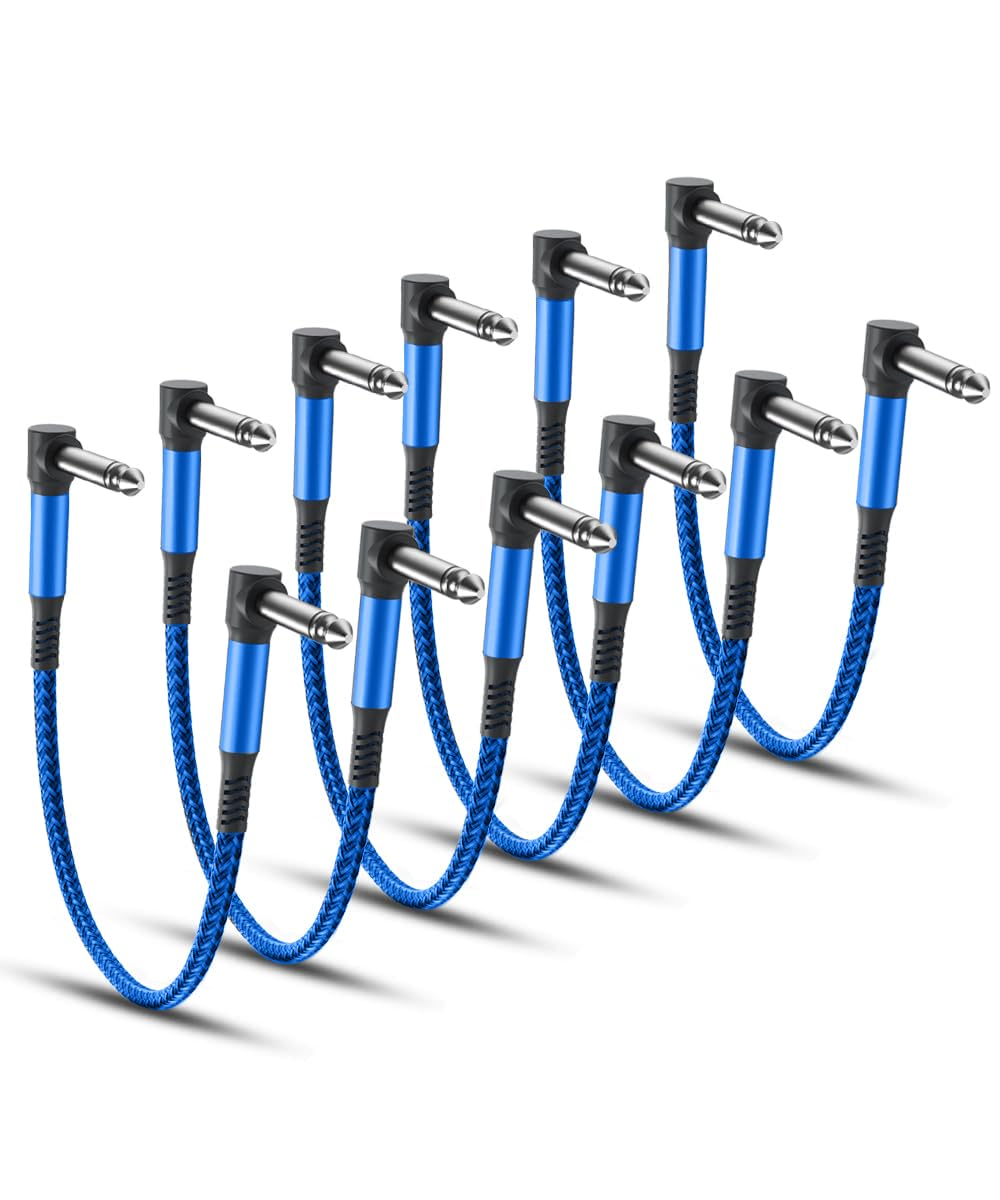 RUXELY Guitar Patch Cables 30CM 6-Pack,6.35Mm Effects Pedal Board Cord,Nylon Braided 1/4" Right-Angle Instrument Audio Cable,Pedalboard Connector TS Copper Wire for Amp/Amplifier,Mixer,Electric Bass