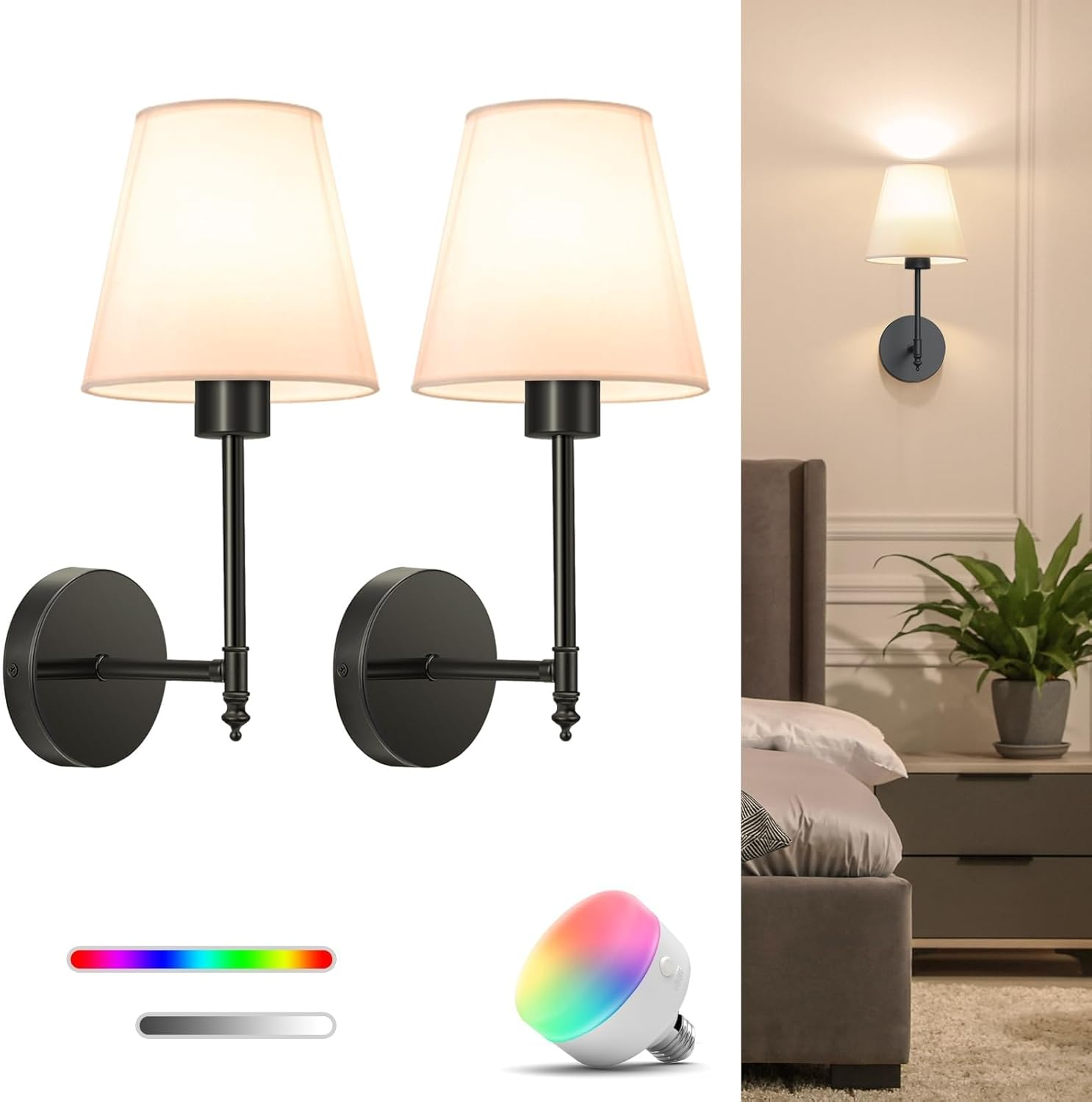 Wall Light Battery Operated Sconce Set of 2, Not Hardwired Fixture,Rgb Colors and Dimmable, Wall Sconce with Remote Dimmable Light Bulb,Easy to Install Not Wires,For Bedroom, Lounge, Farmhouse (Gold)