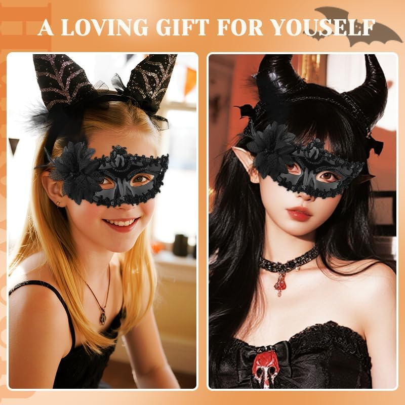 Feather Masquerade Masks for Women Rhinestone Flower Party Mask Black Costumes Lace Eye Mask for Carnivals Halloween Cosplay Masquerade Accesssories