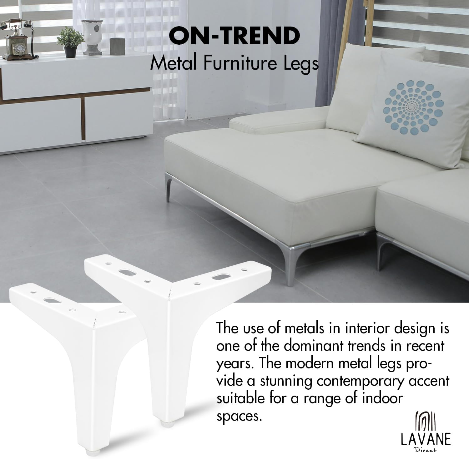 La Vane 5 Inch / 13Cm Metal Furniture Legs, Set of 4 - Modern Diamond Triangle White DIY Replacement Feet Corner Legs for Cabinet, Sofa, Sideboard, Couch, Dresser Makeover