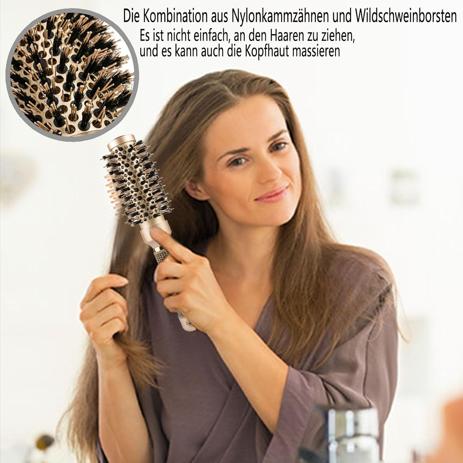 Hair Brush without Pulling, Men, Women, round Brush, Wild Boar Bristles, Detangler Brush, Long Hair for Curls, Thickness, Detangling Brush Set Including round Hair Brush, Paddle Brush, Brush Cleaner, Shampoo Brush image number 2