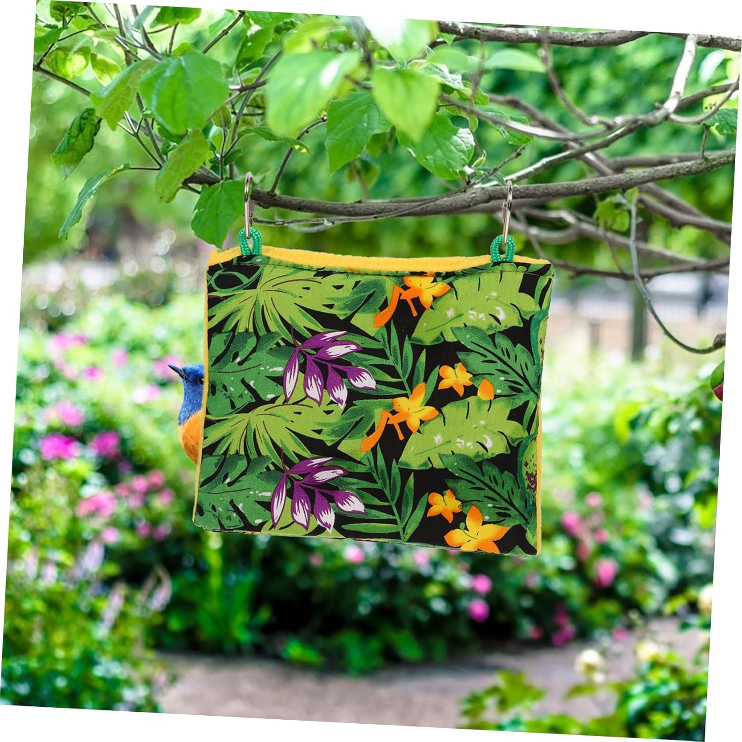 FONDOTIN Summer Parrot Hanging Hammock Bird Nest with Tropical Print Comfortable Sized Bed for Small Birds like Canaries and Parakeets Secure Sunshade Shelter for Cage Window image number 5