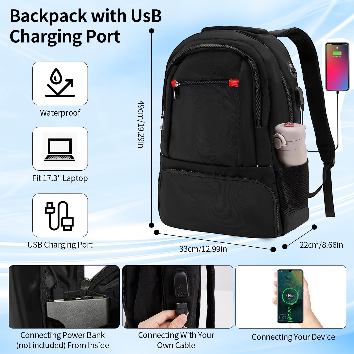 Laptop Backpack for Women Men,35L Waterproof Work Backpack with USB Charging Port Headphone Jack, Portable Computer Back Pack with Insulated Lunch Compartment for Hiking Travel Outdoor 49 * 33 * 22Cm image number 4